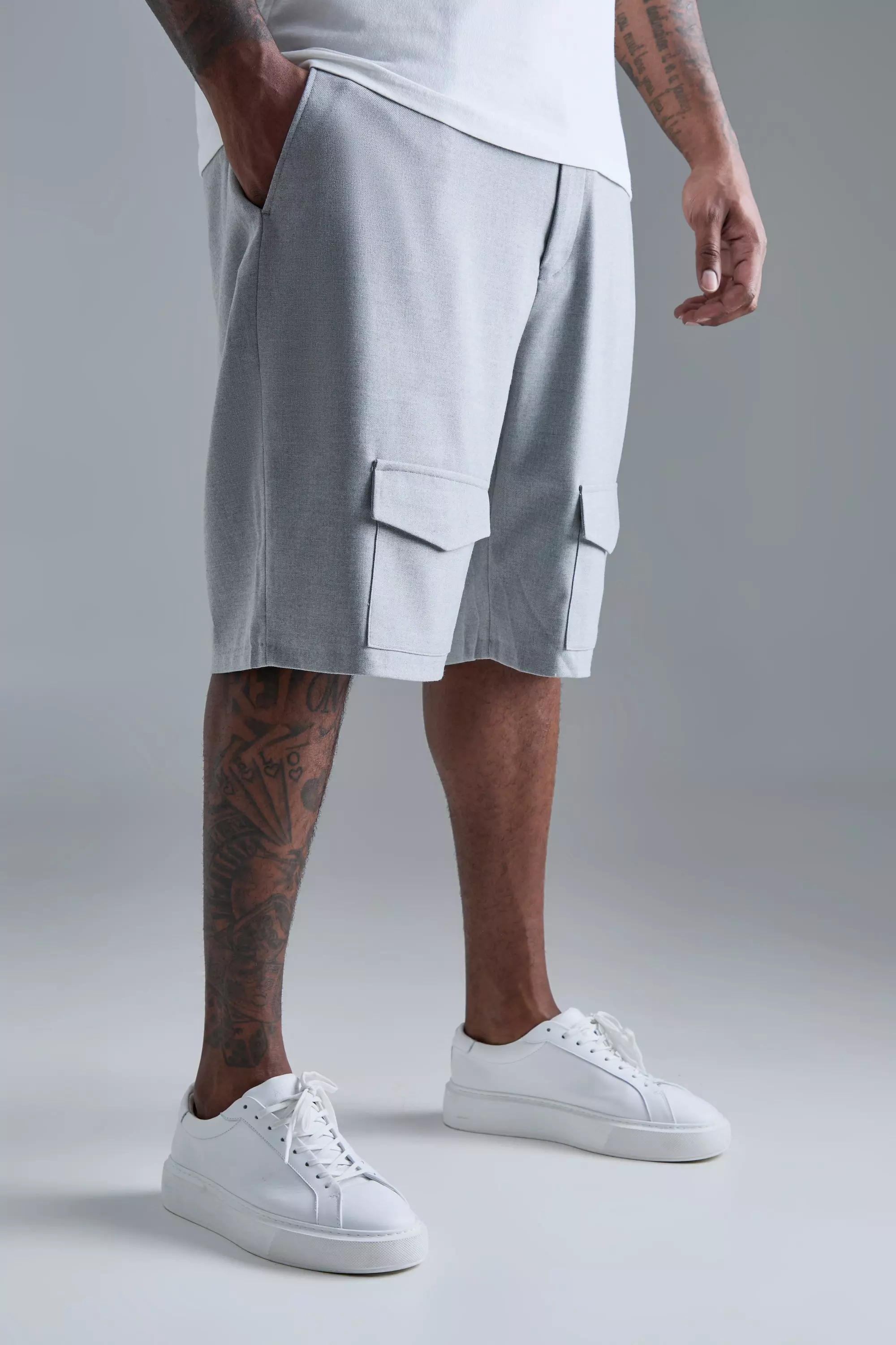 Plus Side Stripe Drawcord Waist Smart Cargo Shorts 1 Grey