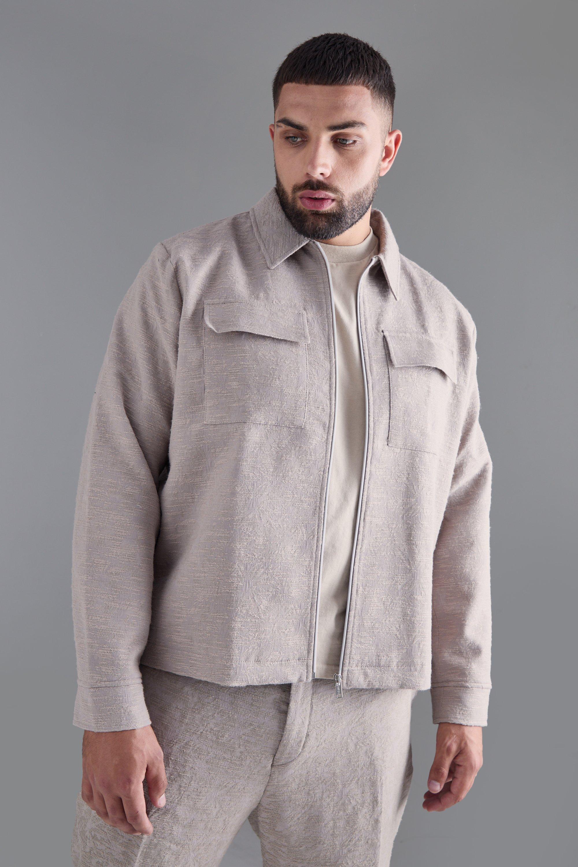 Taupe Plus Textured Jacquard Smart Harrington Jacket