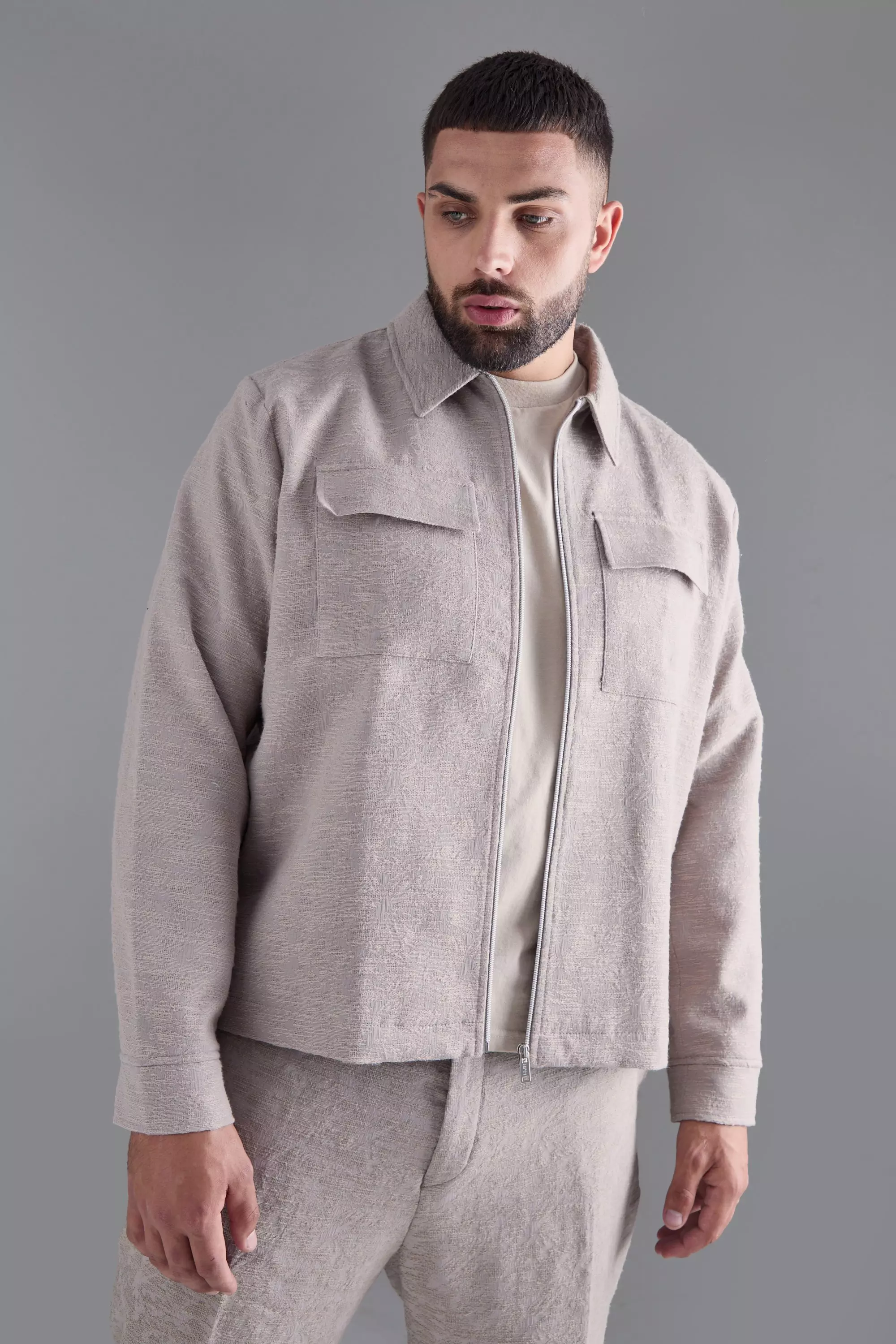 Plus Textured Jacquard Smart Harrington Jacket Taupe