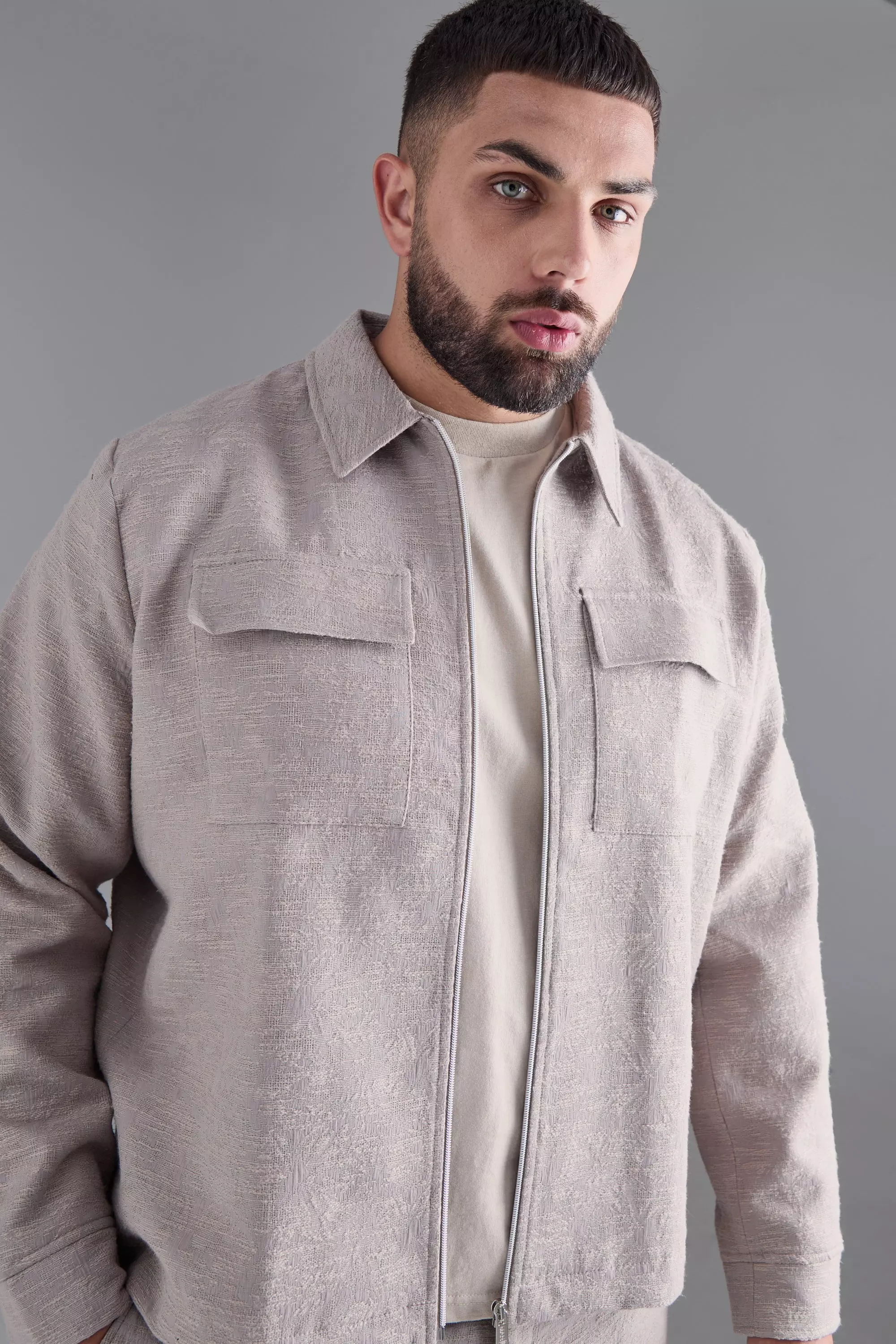 Taupe Plus Textured Jacquard Smart Harrington Jacket alternative image