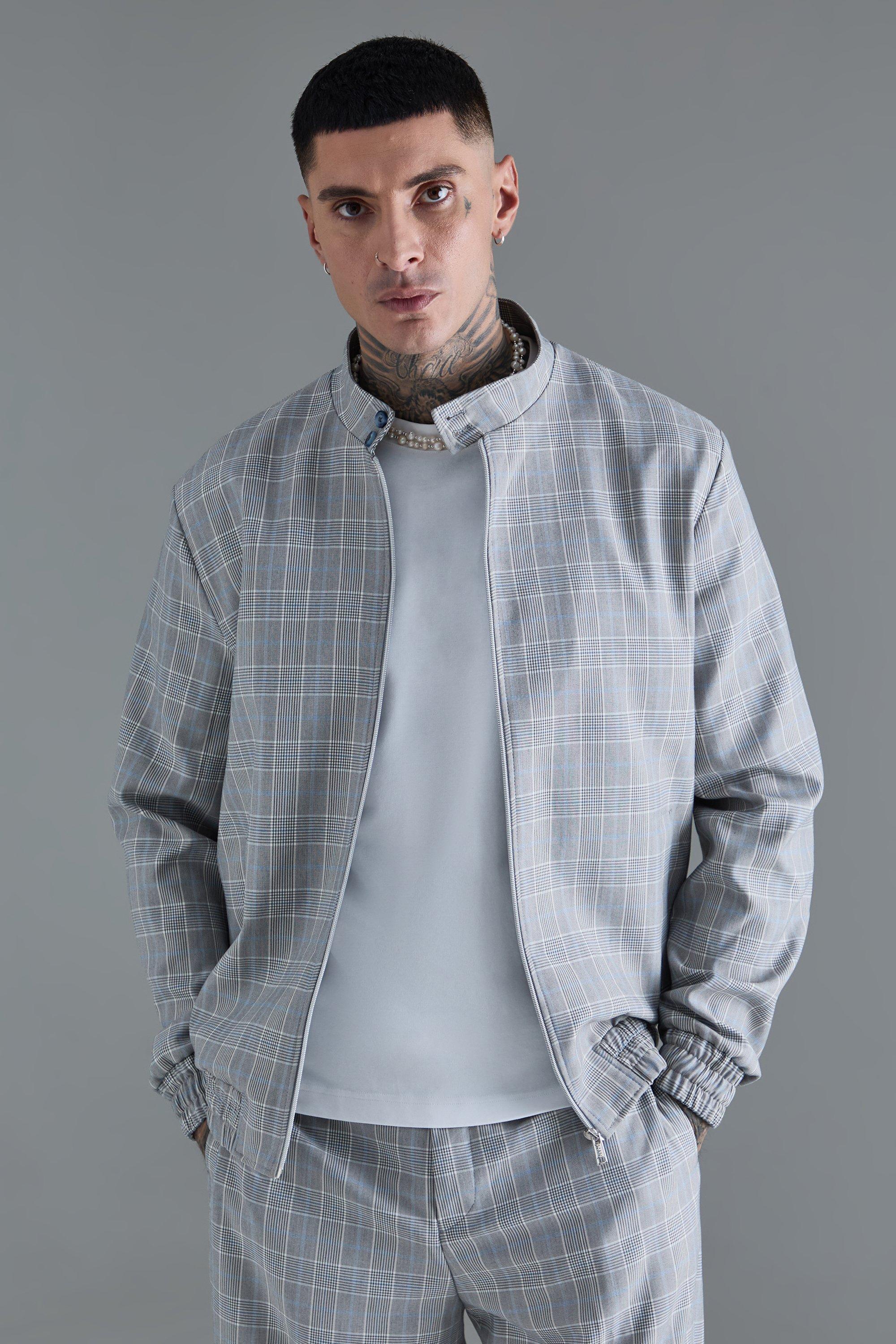 Grey Tall Check High Neck Zip Up Smart Funnel Neck Jacket