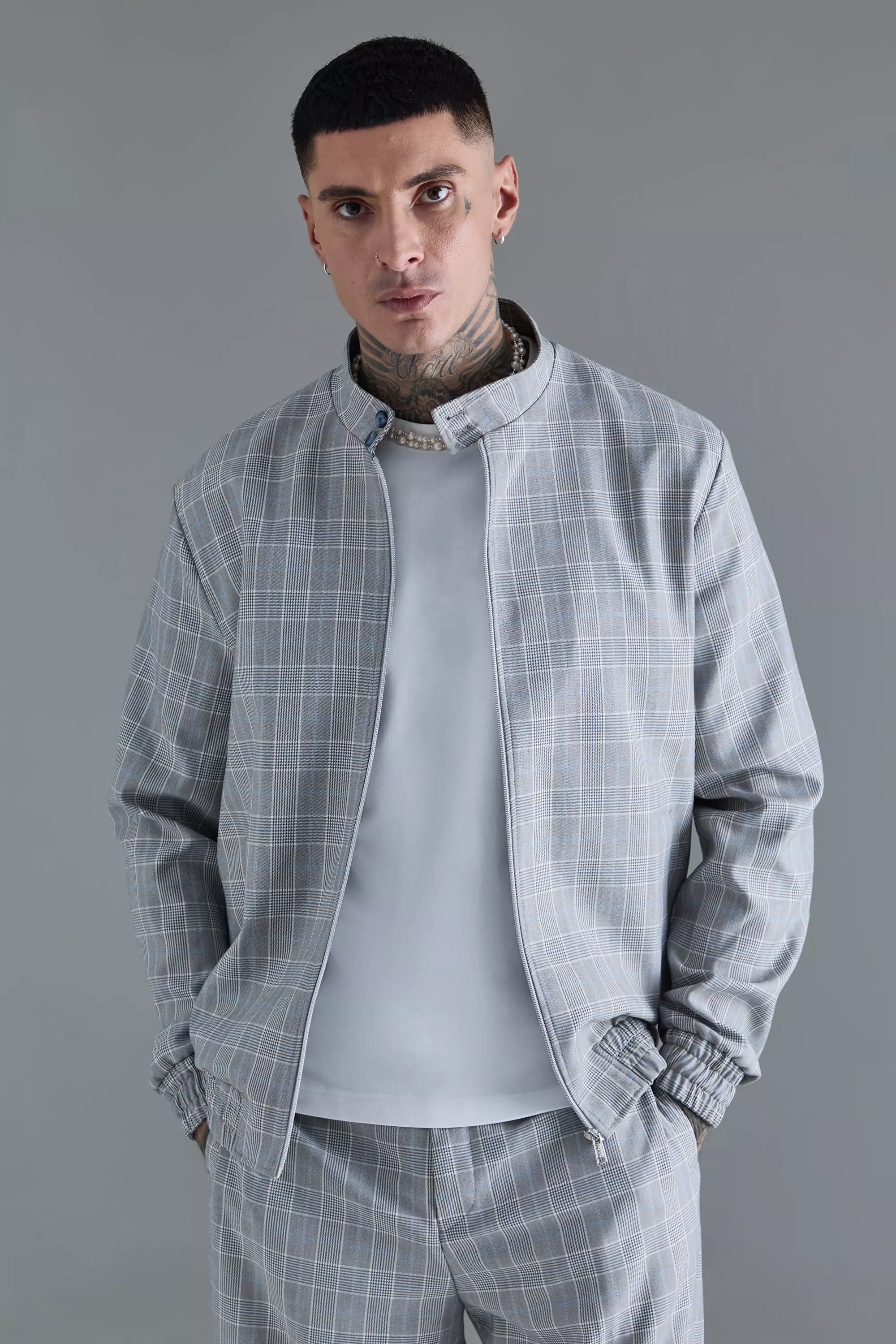 Grey Tall Check High Neck Zip Up Smart Funnel Neck Jacket alternative image