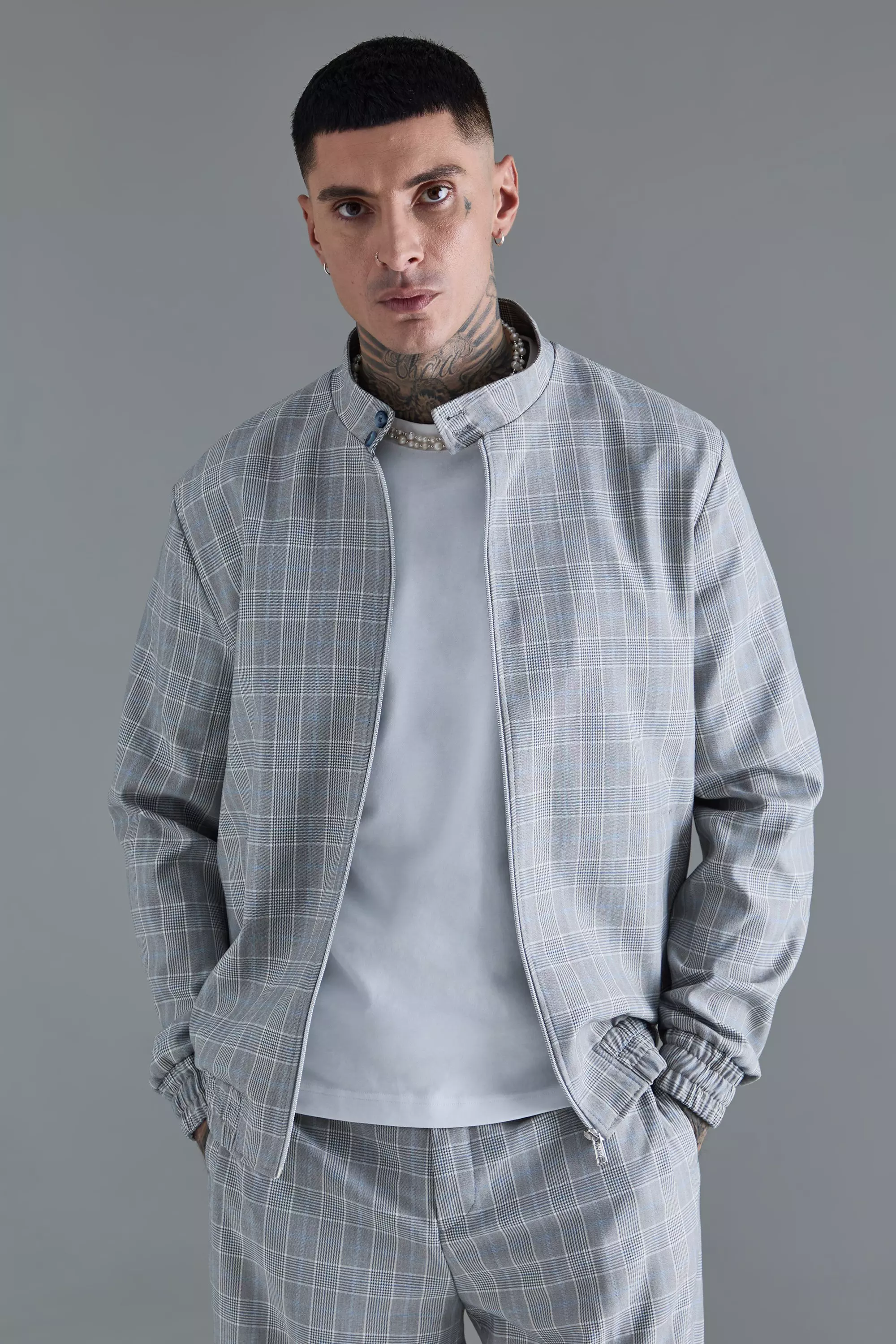 Grey Tall Check High Neck Zip Up Smart Funnel Neck Jacket alternative image