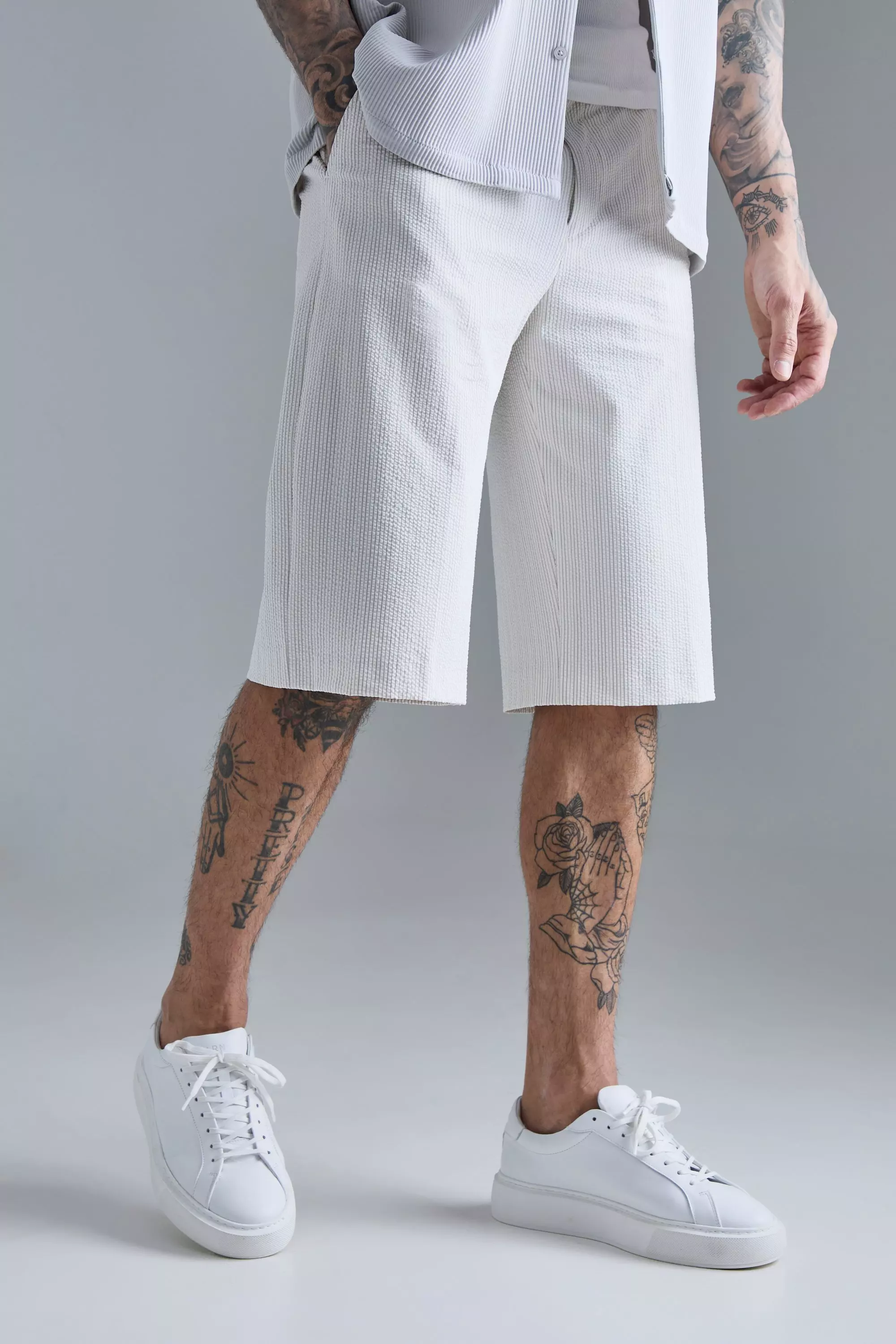 Ecru White Tall Stripe Seersucker Drawcord Regular Fit Shorts