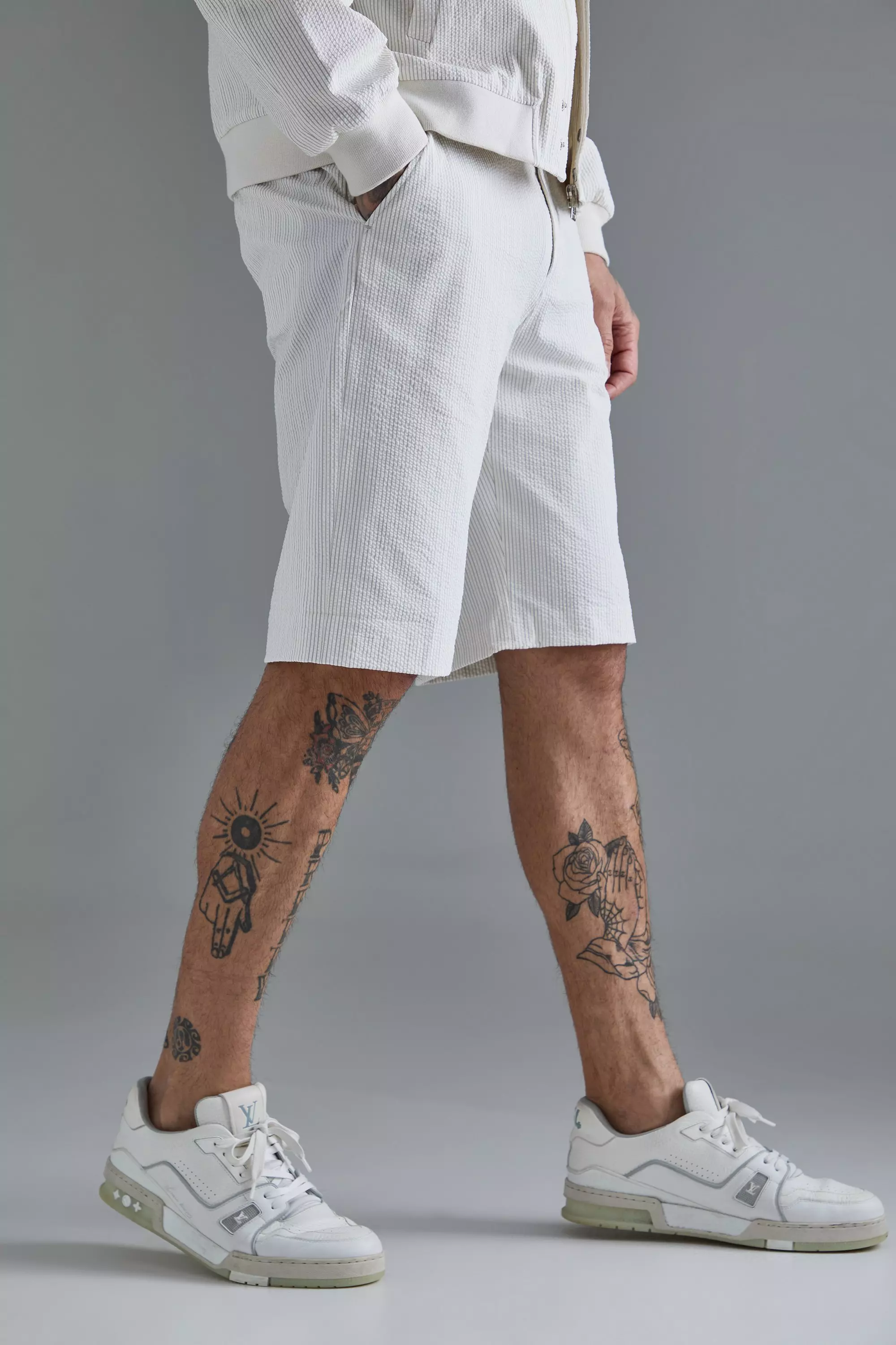 Ecru White Tall Stripe Seersucker Drawcord Regular Fit Shorts