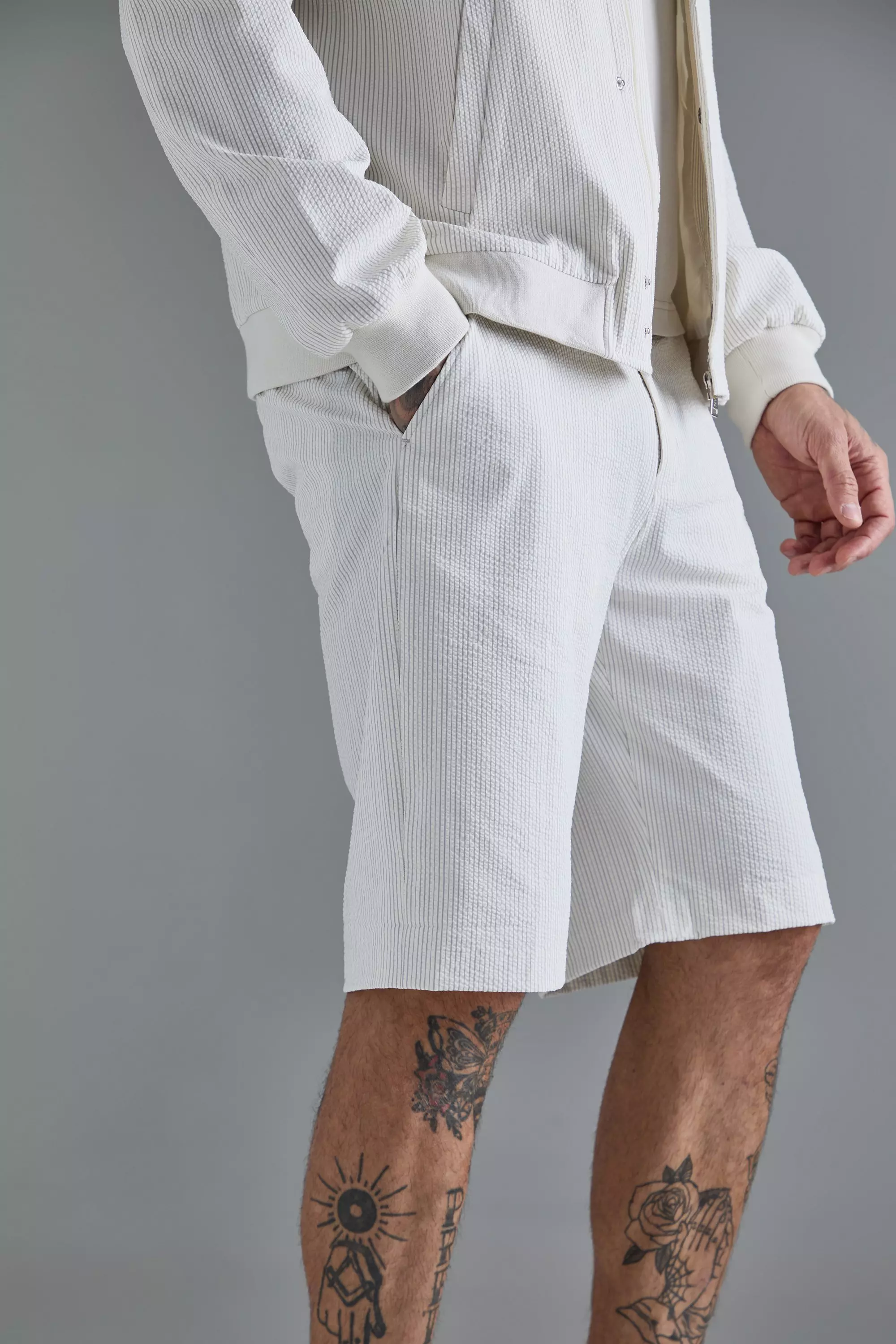Tall - Short rayé en tissu crêpe, Ecru autre image