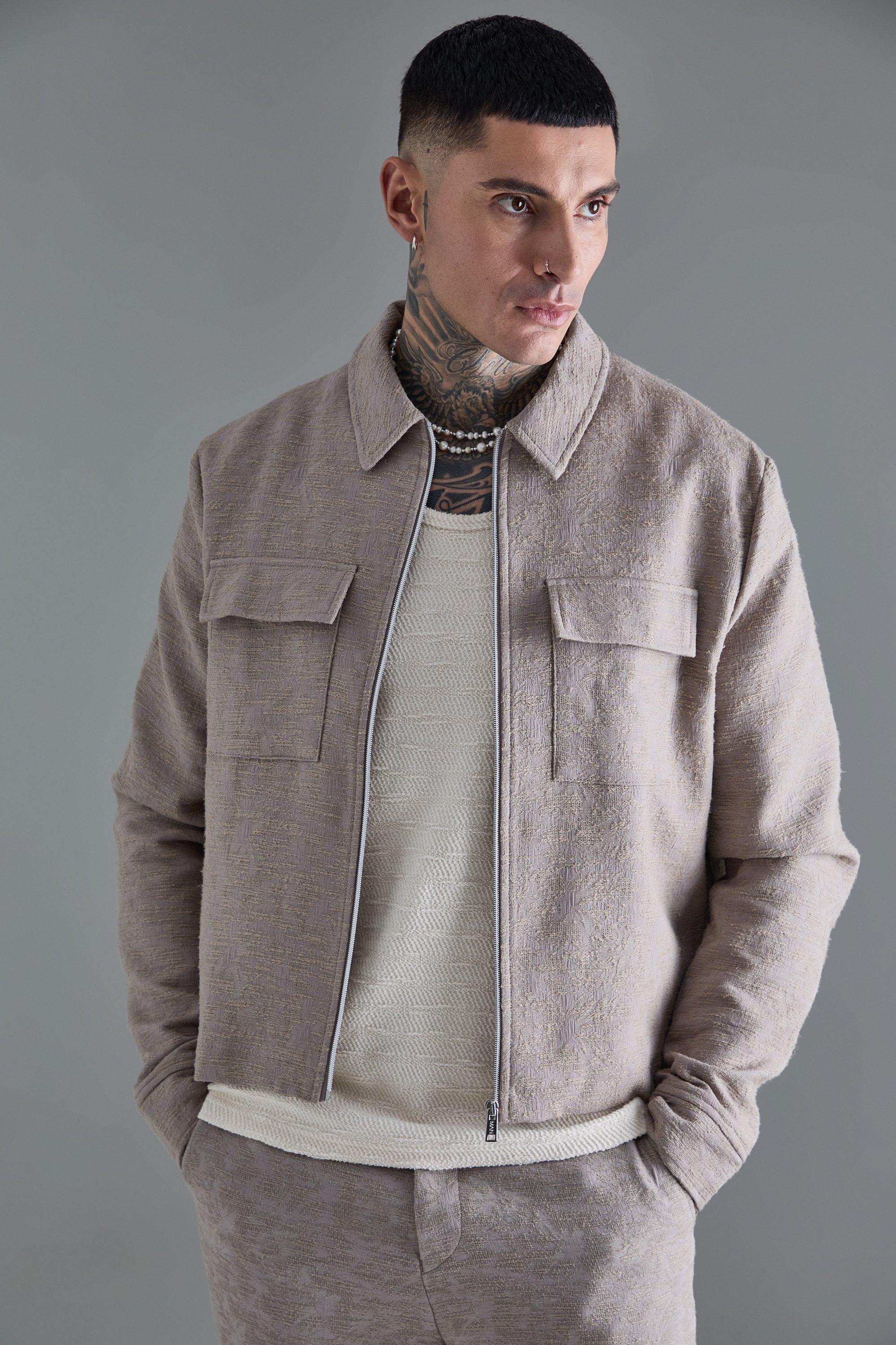 Taupe Tall Textured Cotton Jacquard Smart Harrington Jacket