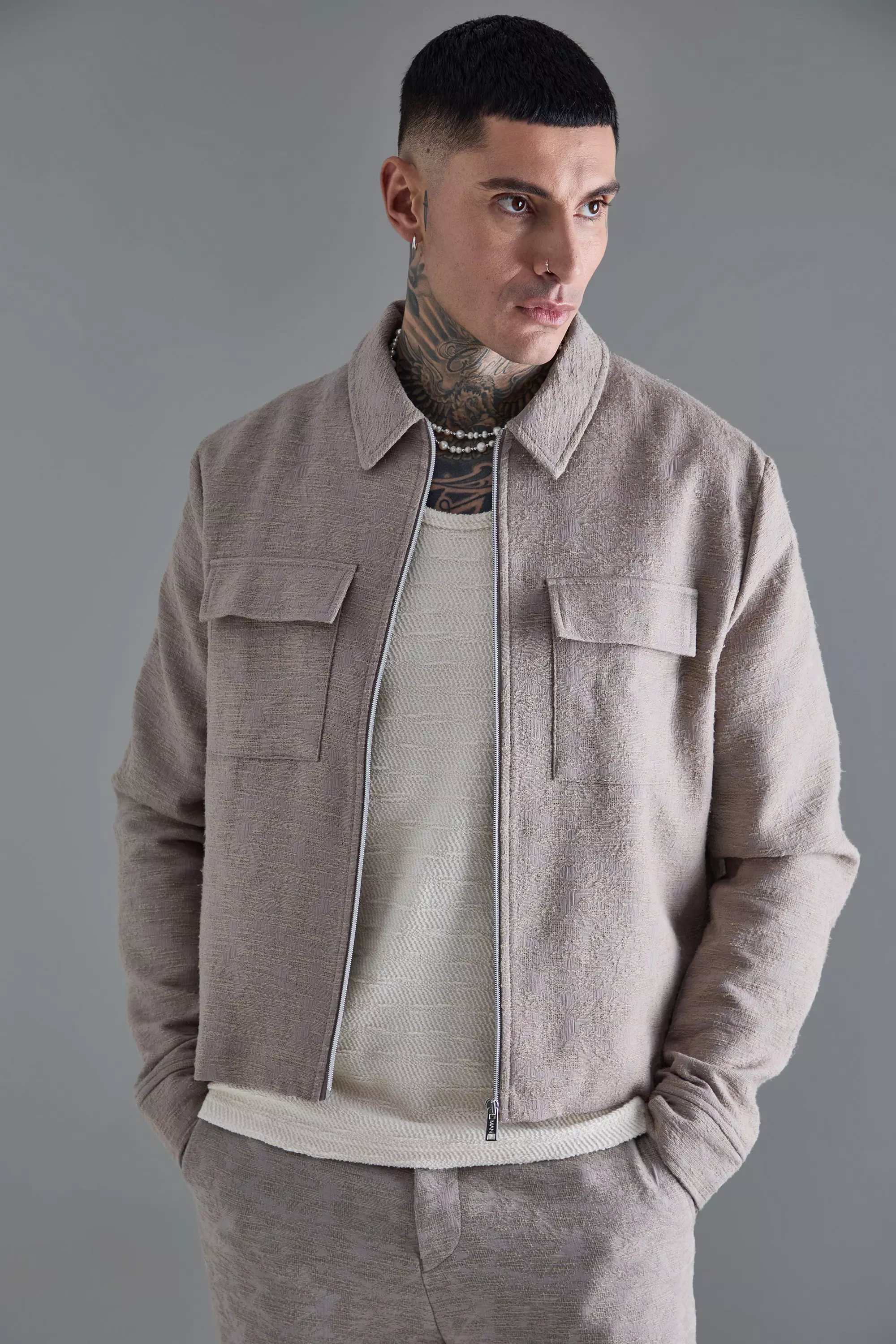 Tall Textured Cotton Jacquard Smart Harrington Jacket Taupe