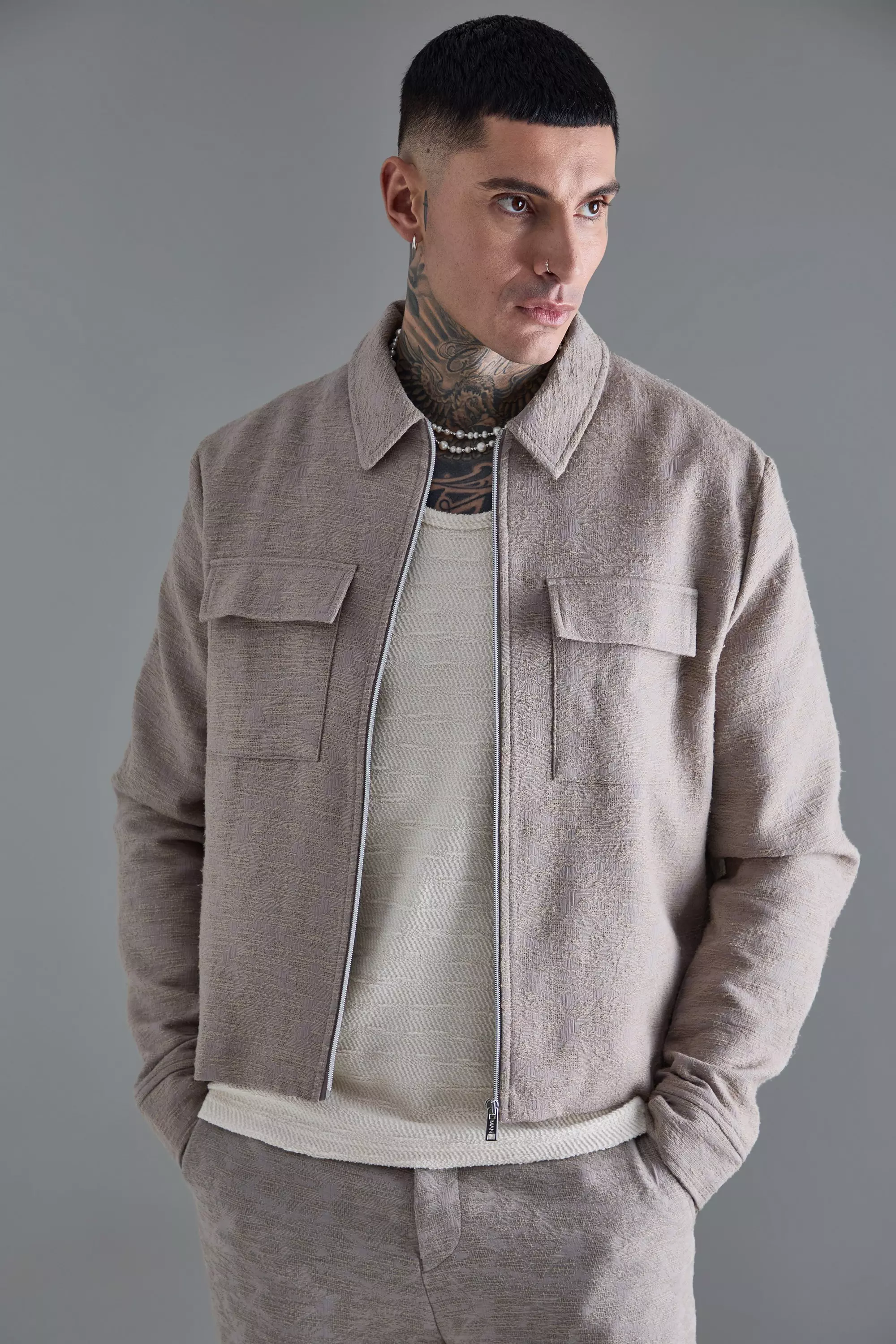 Taupe Beige Tall Textured Cotton Jacquard Smart Cargo Jacket