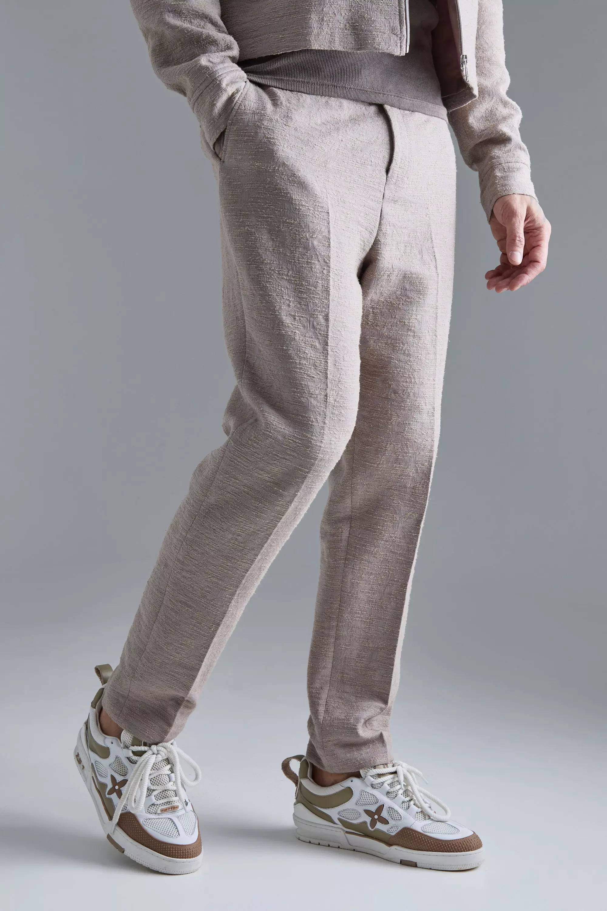 Taupe Beige Tall Textured Cotton Jacquard Smart Tapered Trousers