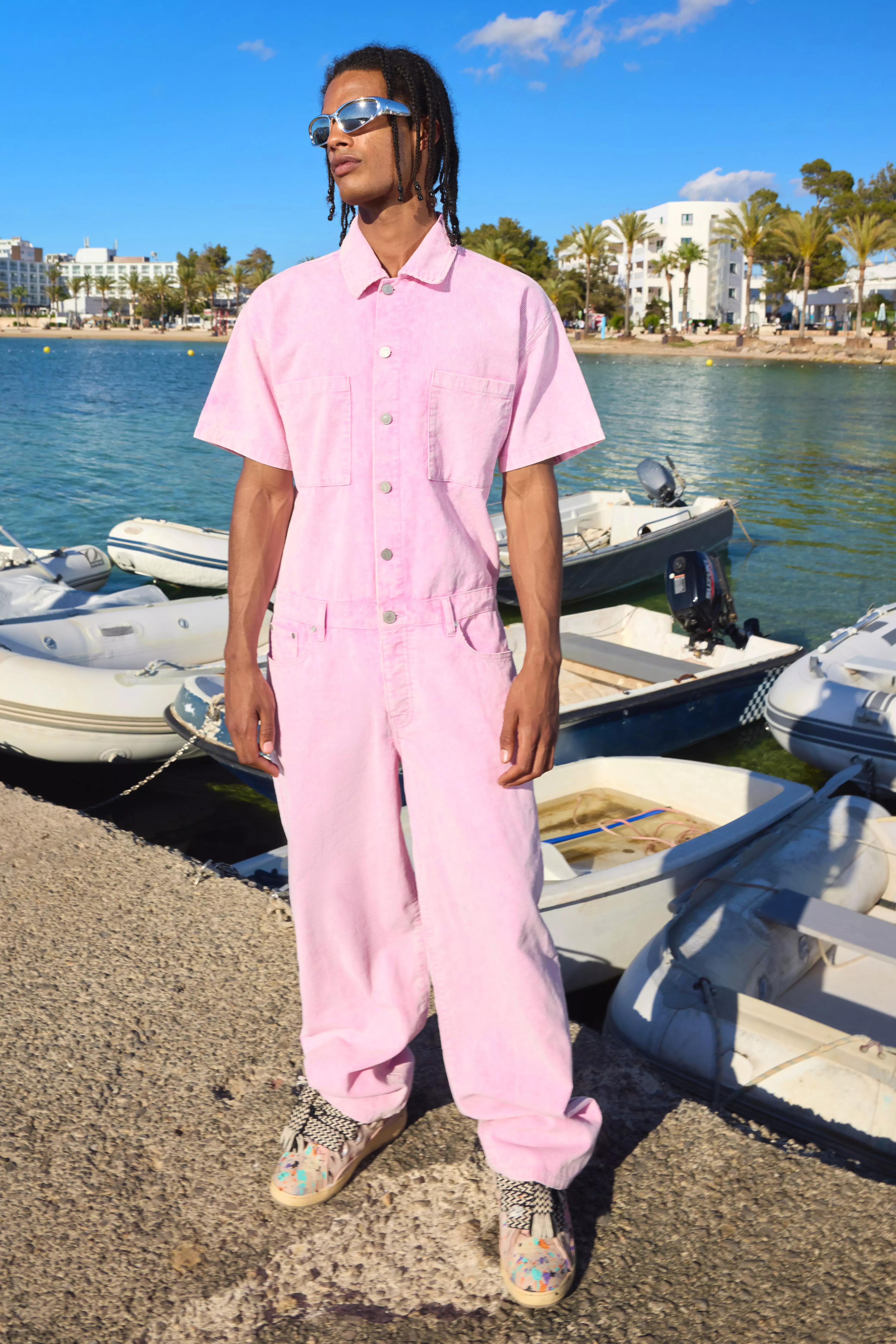 Relaxed Acid Wash Corduroy Boilersuit In Pink Pink