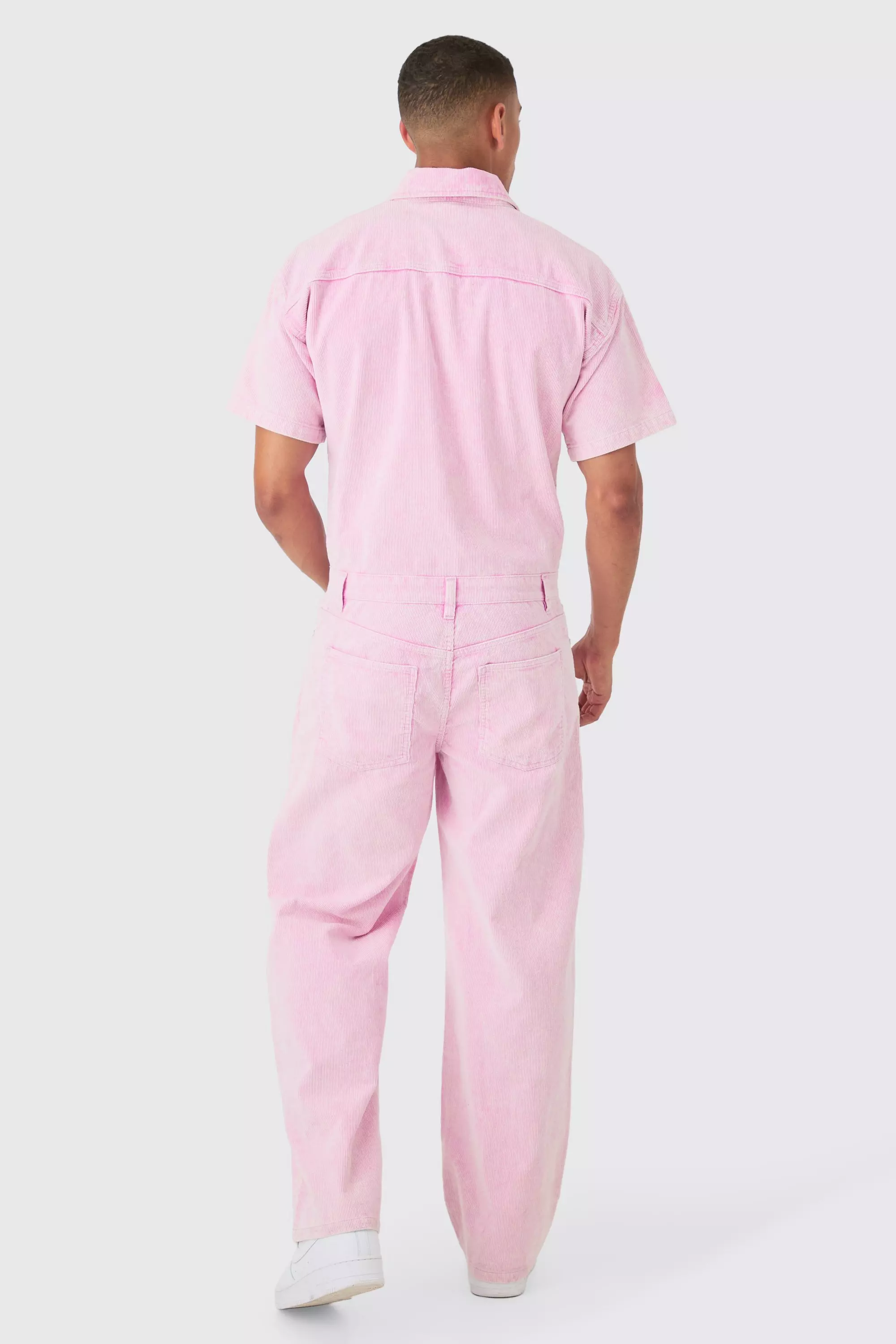 Relaxed Acid Wash Corduroy Boilersuit In Pink boohooMAN UK