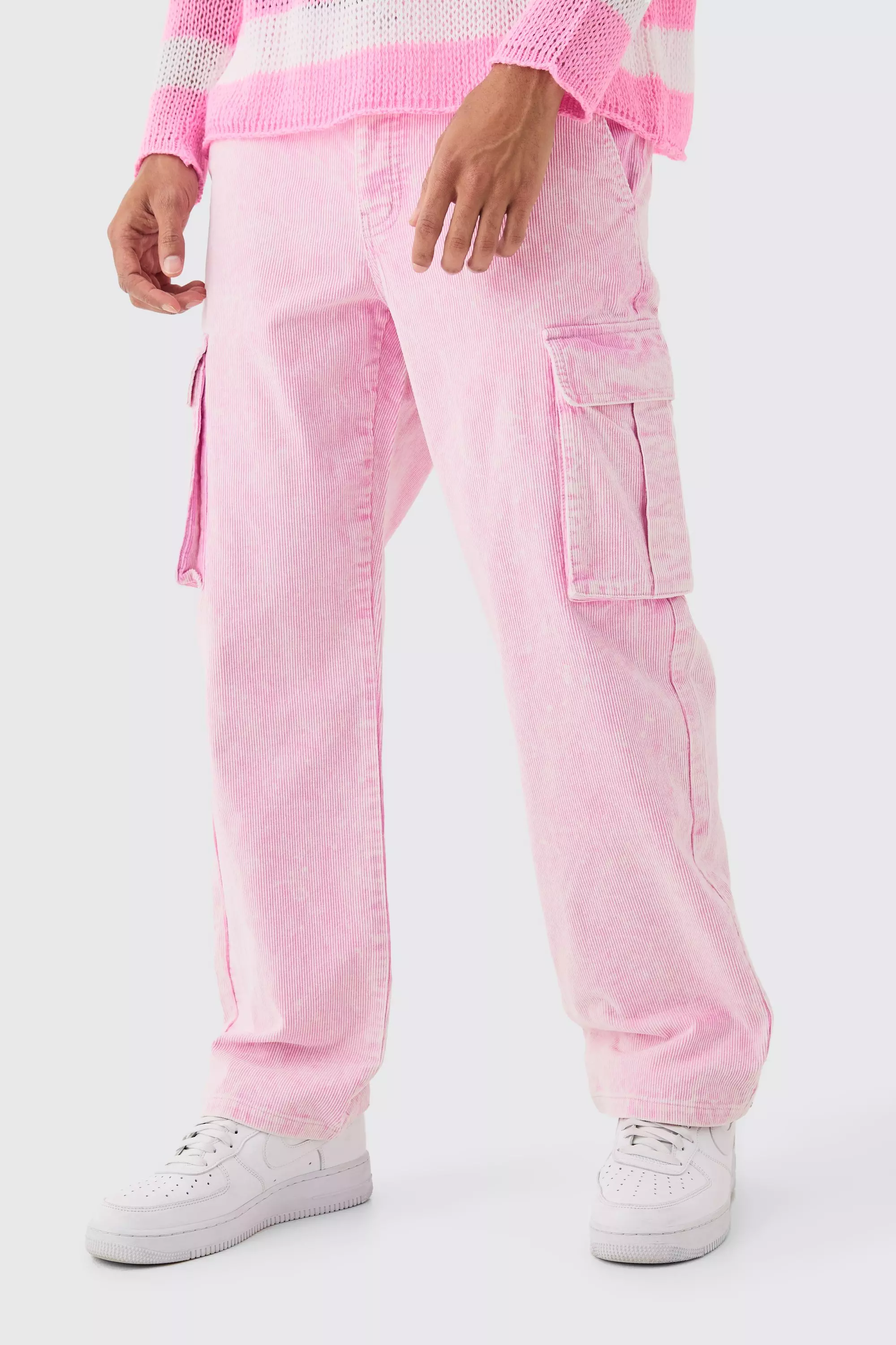 Acid Wash Relaxed Cord Cargo Trouser Pink