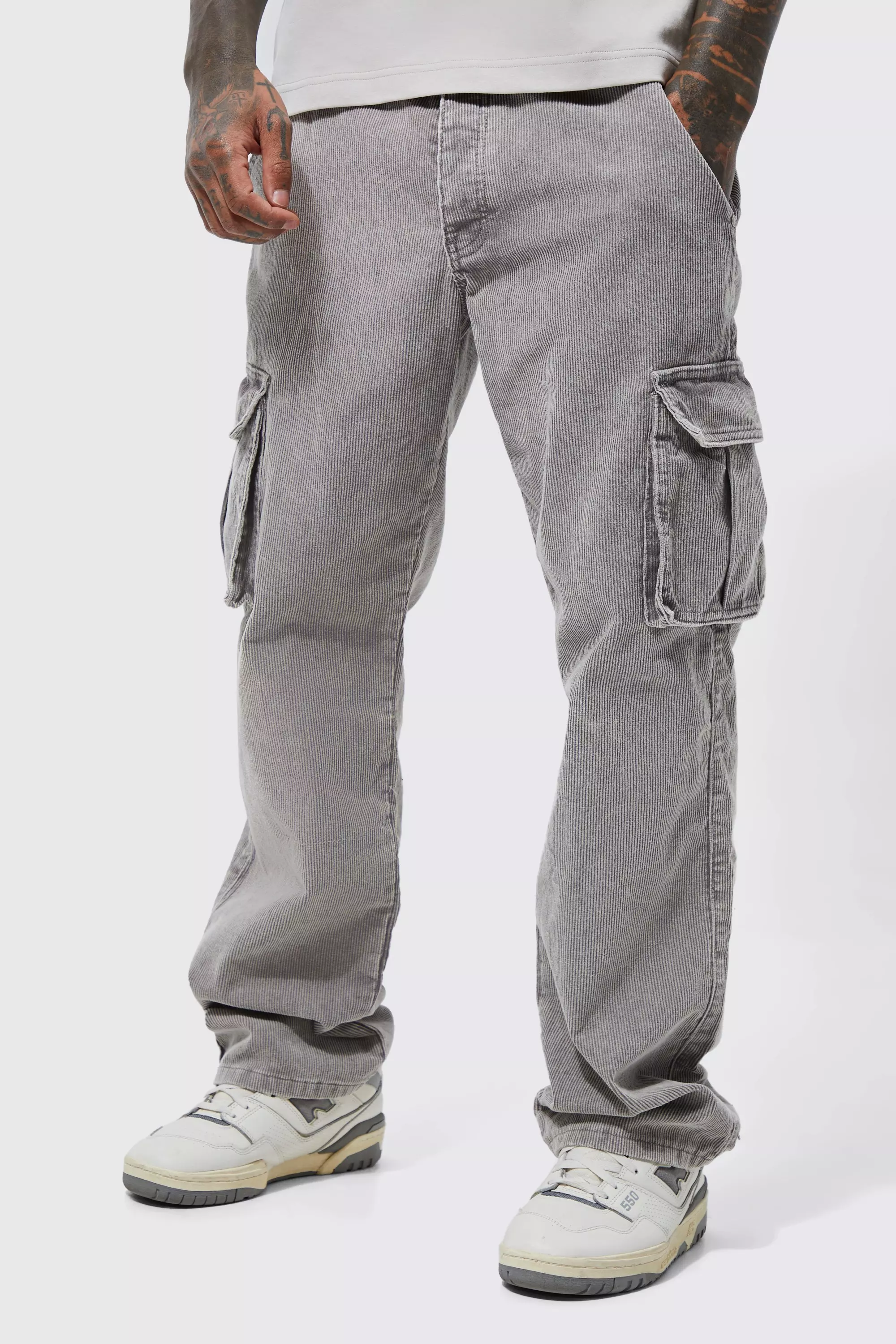Charcoal Acid Wash Relaxed Cord Cargo Pants alternative image