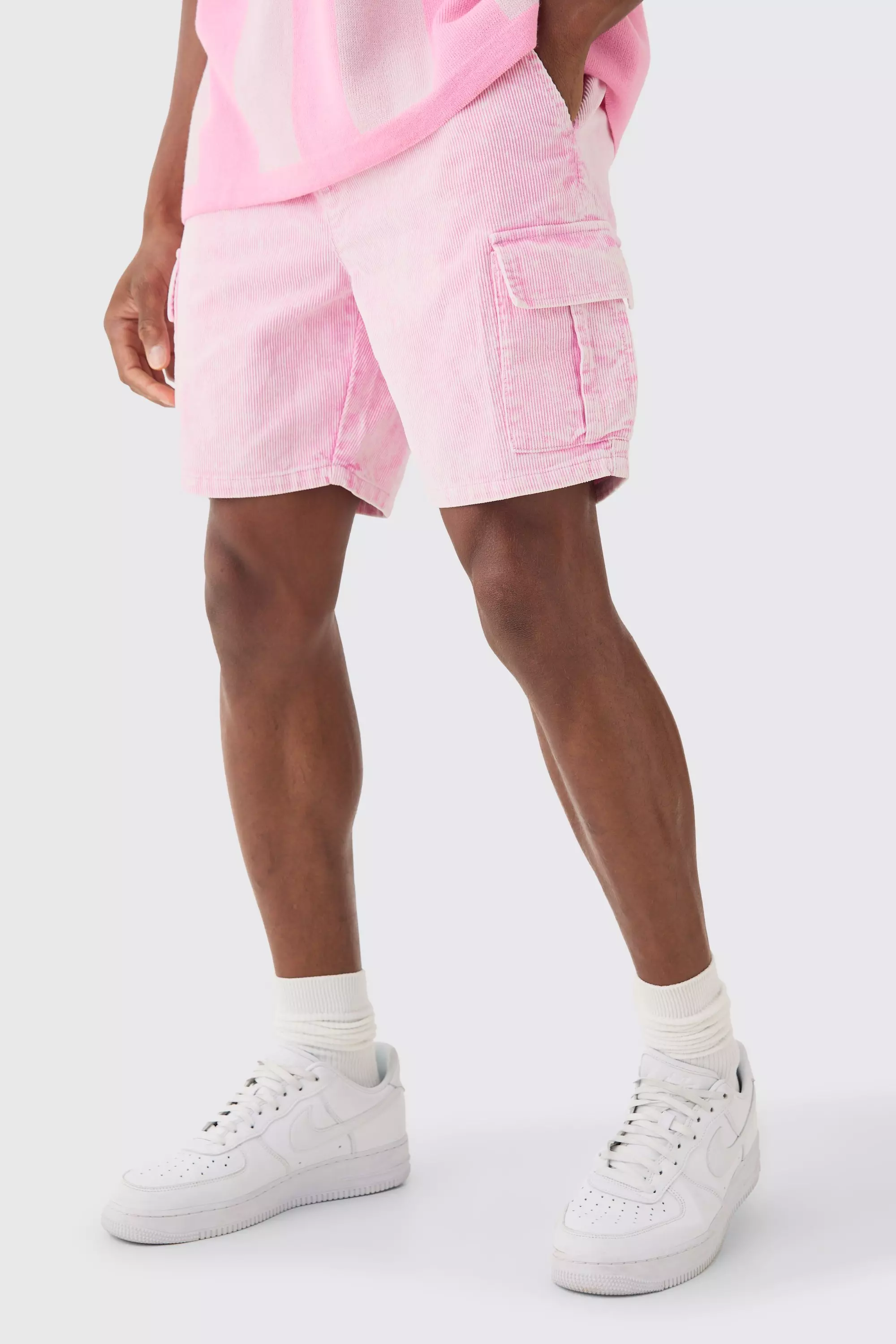 Slim Elasticated Waist Acid Wash Corduroy Cargo Short In Pink Pink