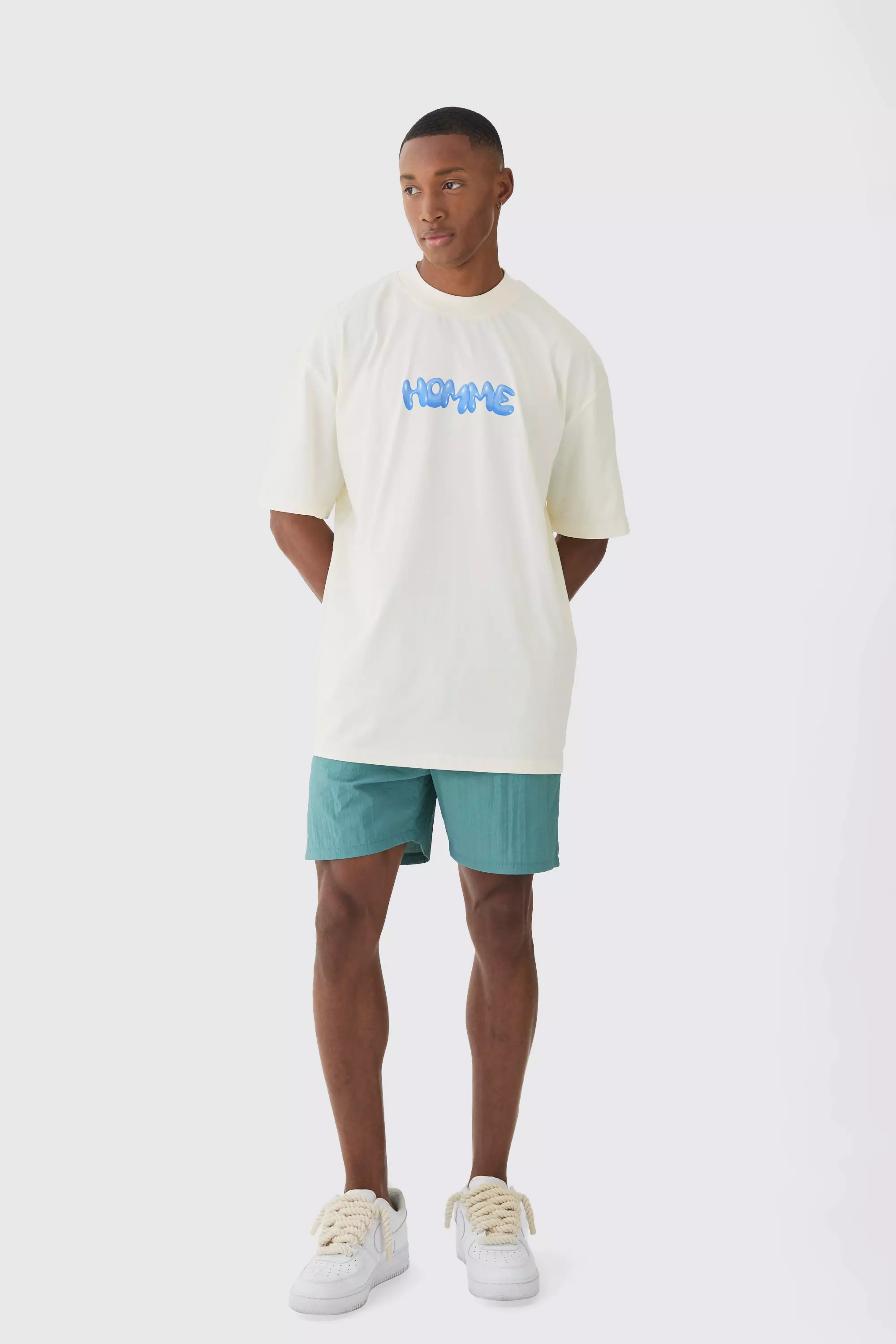 Blue Oversized Extended Neck Homme T-shirt & Swim Short Set