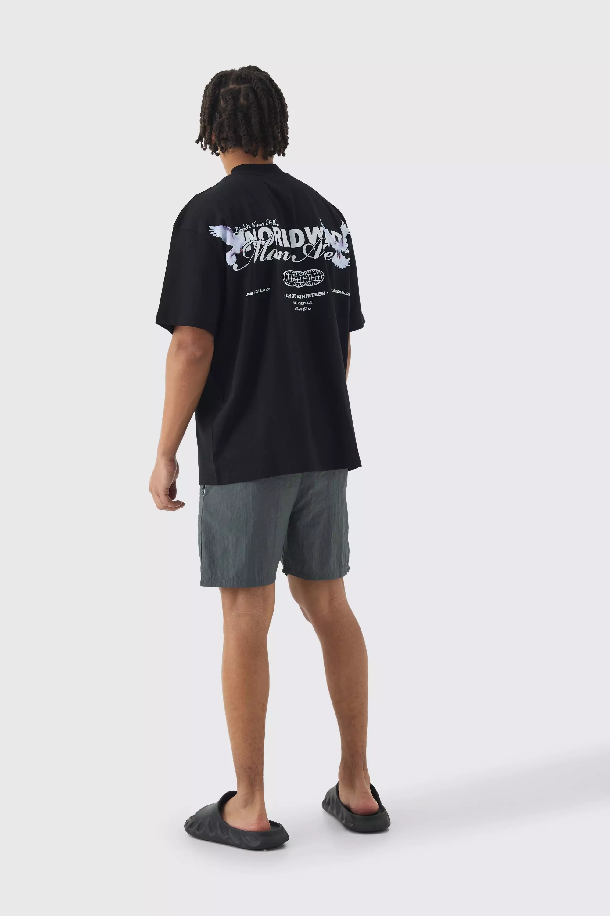 Black Oversized Extended Neck Worldwide Back Print T-shirt & Swim Set