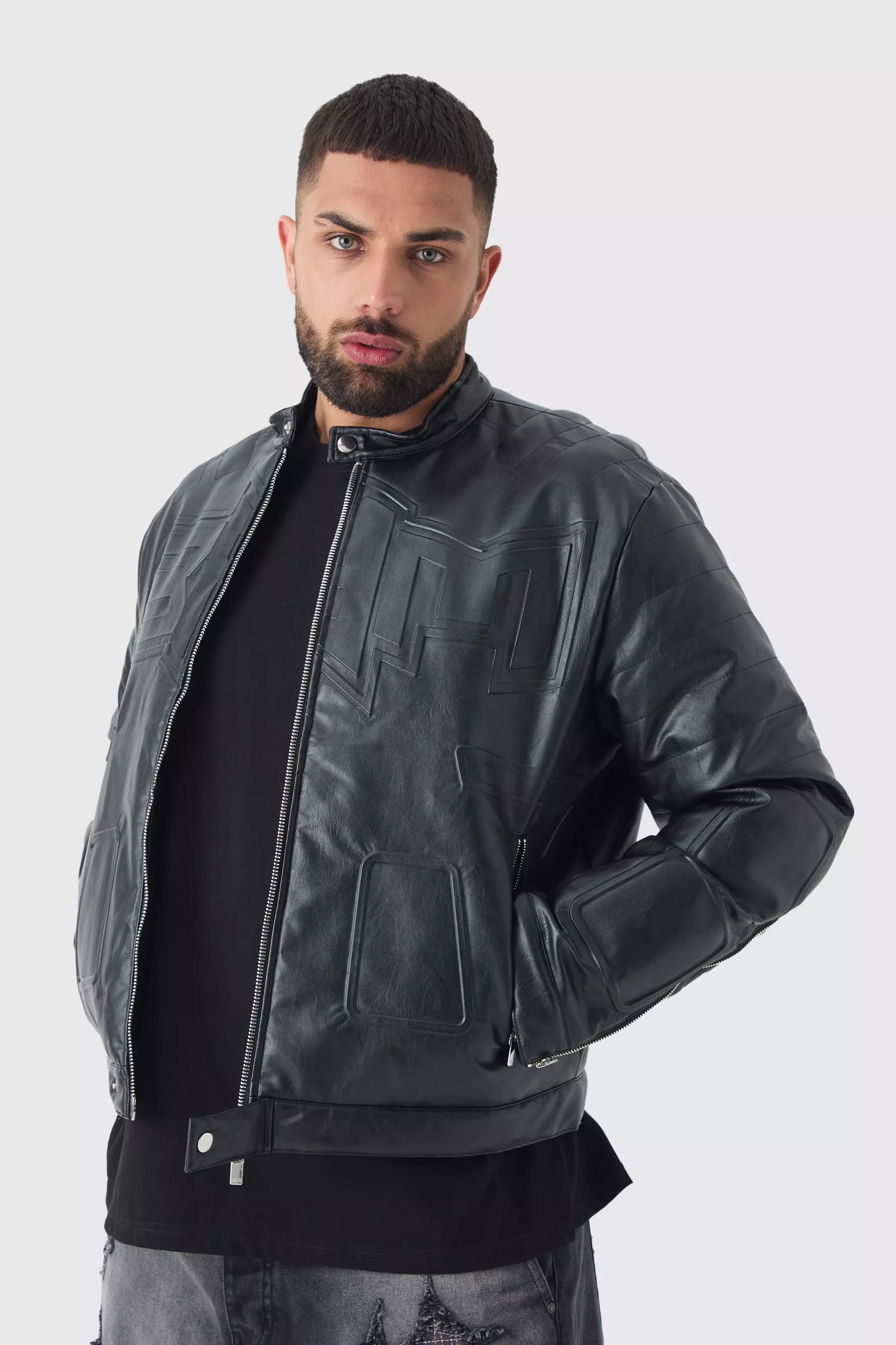 Plus Boxy BHM PU Collarless Moto Biker Jacket In Black Black