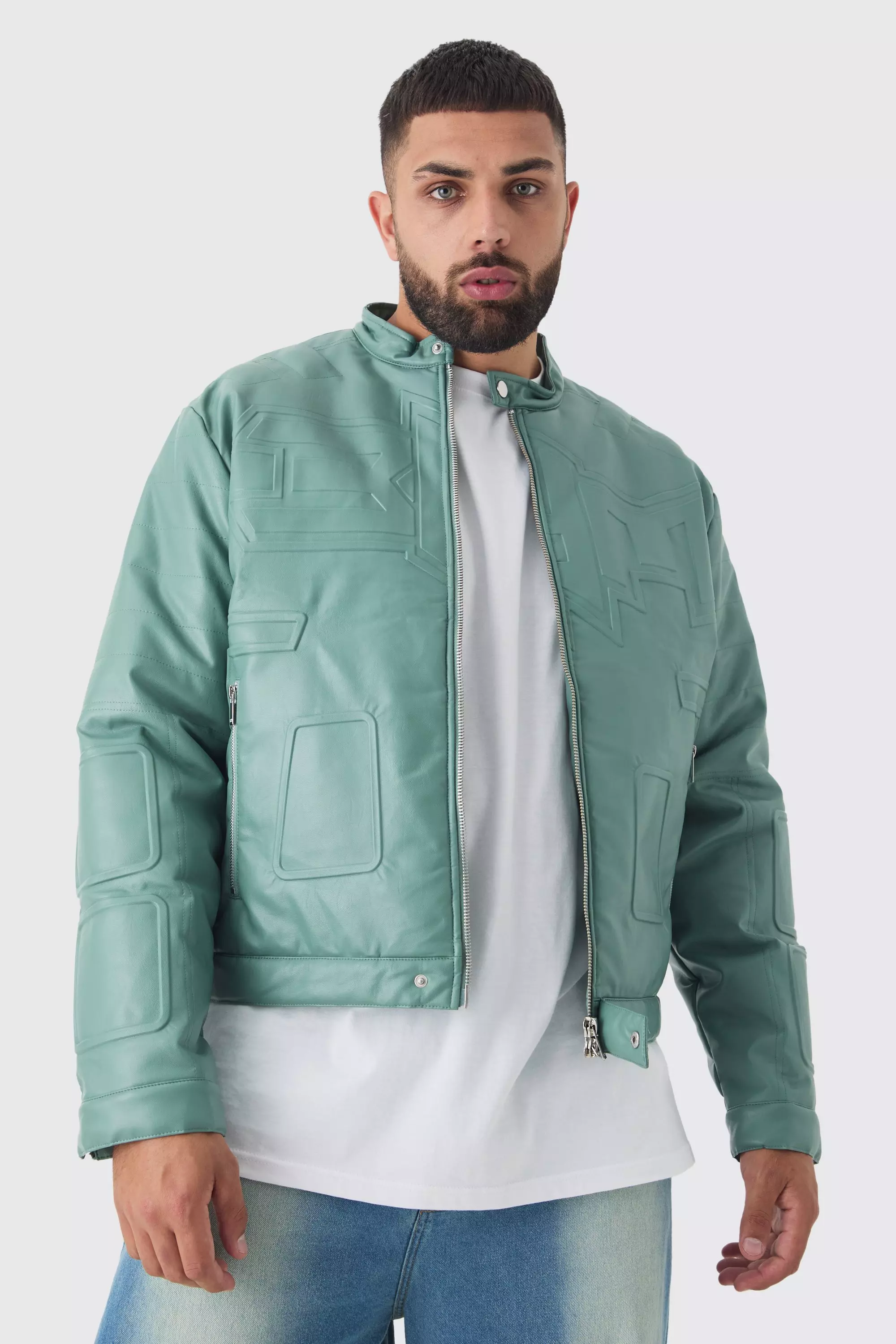 Plus Boxy BHM PU Collarless Moto Biker Jacket In Sage Sage