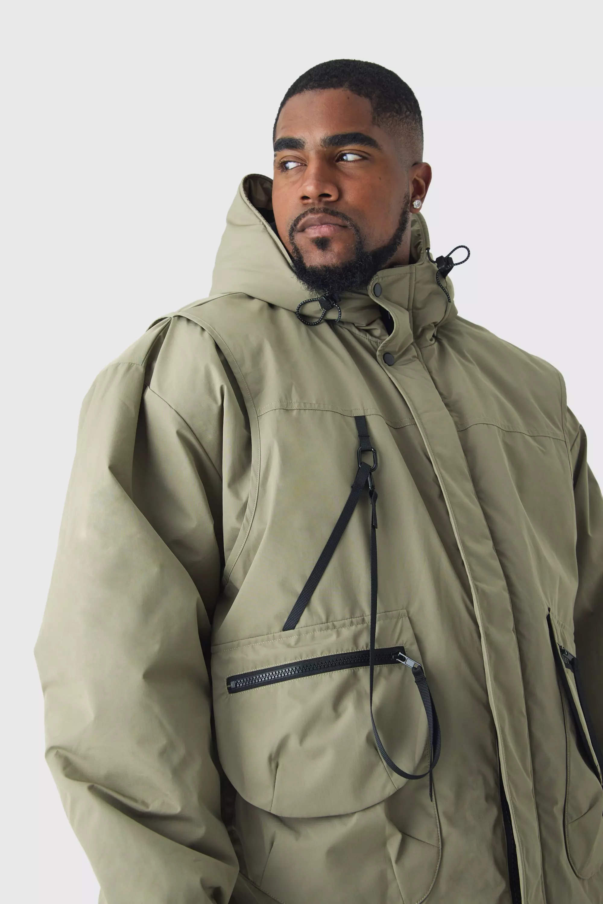 Plus Hooded Utility Tech Parka Jacket In Khaki Khaki