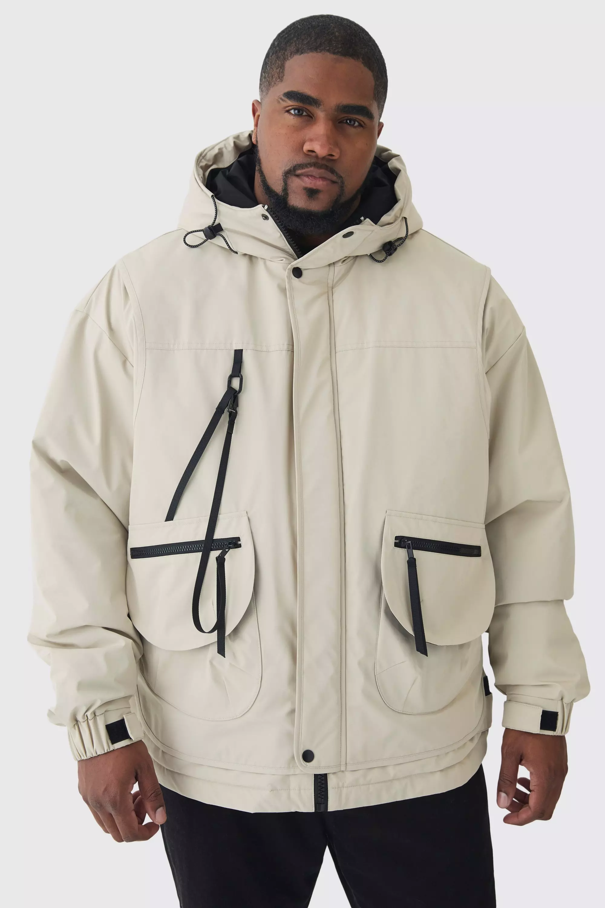 Plus Hooded Utility Tech Parka Jacket In Stone Stone