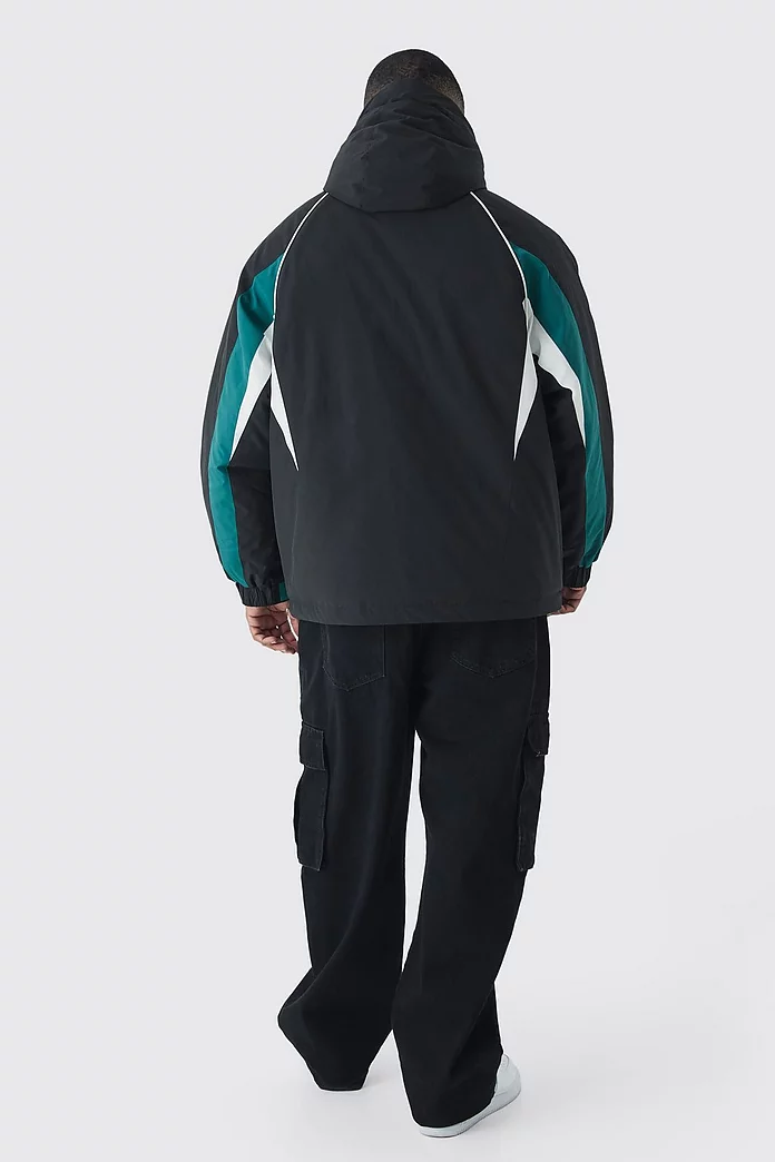 Plus Hooded Colour Block Parka Jacket In Black | boohooMAN USA Plus Hooded Colour Block Parka Jacket In Black | boohooMAN USA