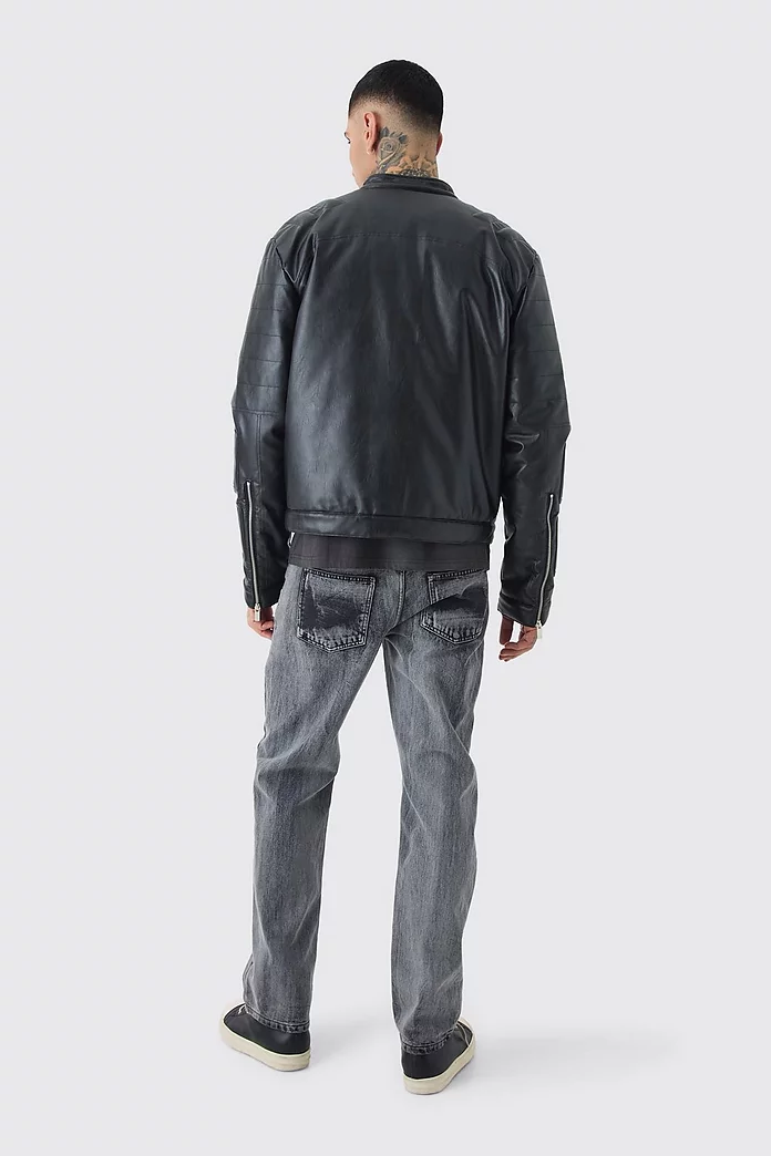 Tall Boxy BHM PU Collarless Moto Biker Jacket In Black Tall Boxy BHM PU Collarless Moto Biker Jacket In Black