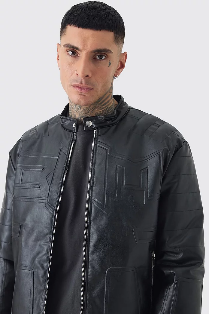 Tall Boxy BHM PU Collarless Moto Biker Jacket In Black Tall Boxy BHM PU Collarless Moto Biker Jacket In Black