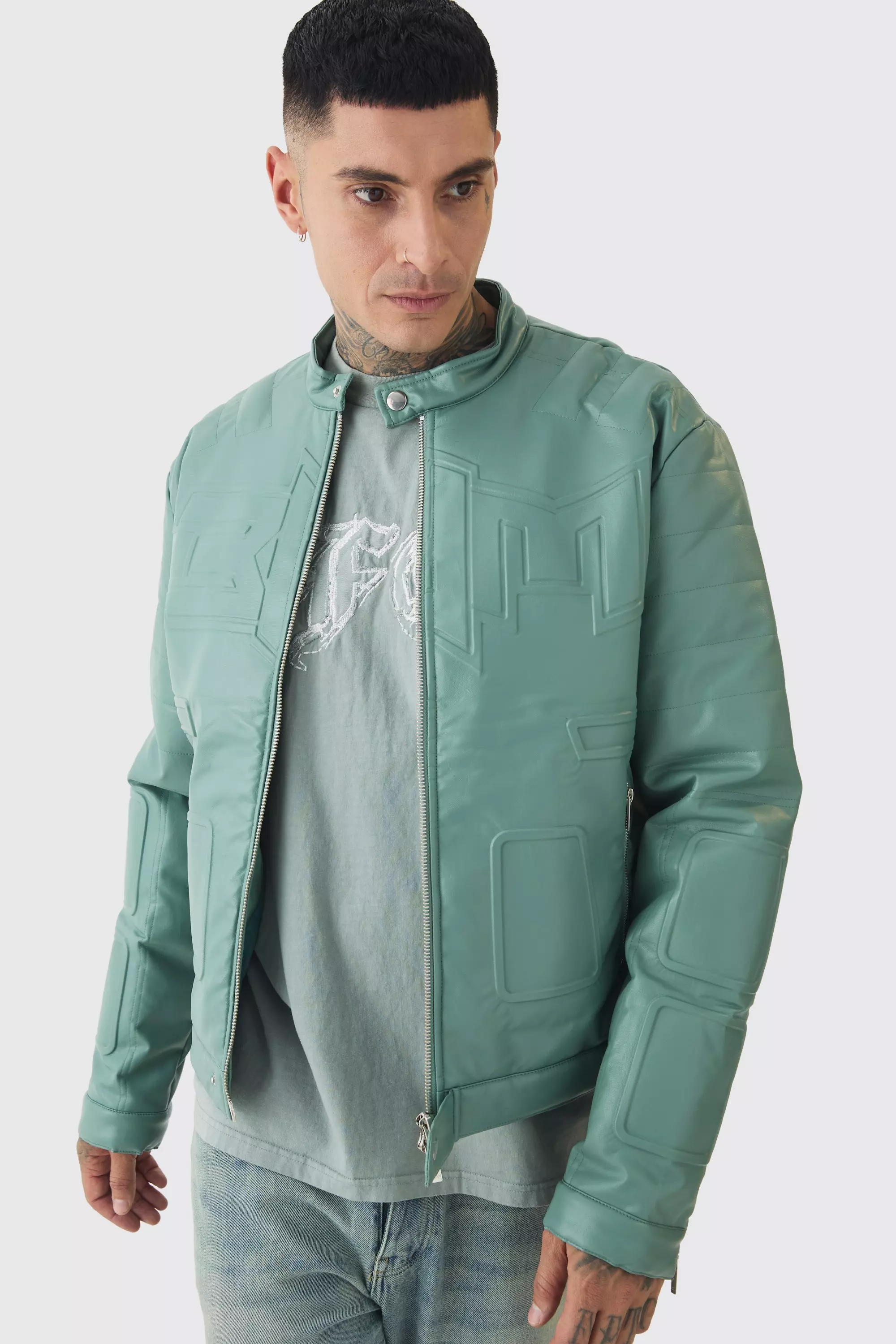 Tall Boxy BHM PU Collarless Moto Biker Jacket In Sage boohooMAN UK