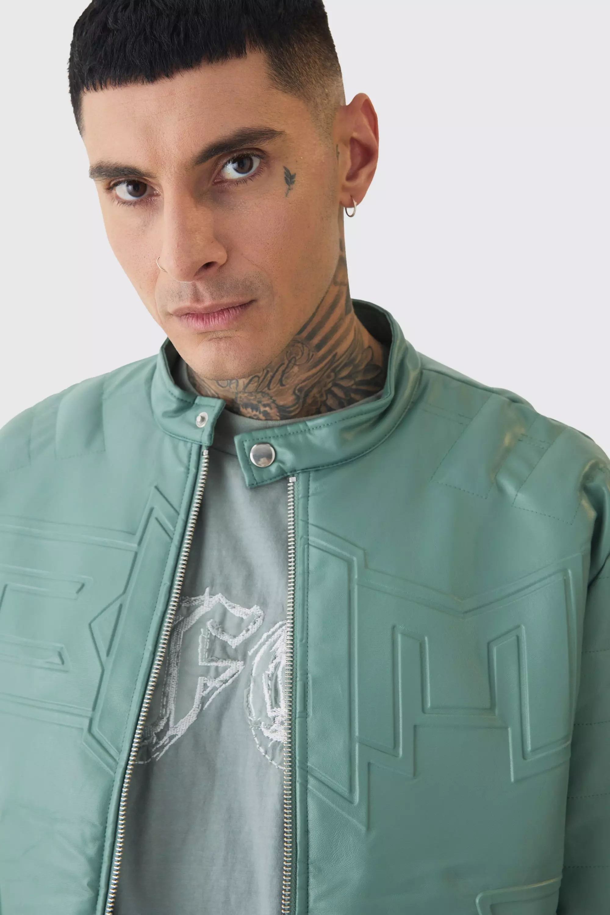 Tall Boxy BHM PU Collarless Moto Biker Jacket In Sage boohooMAN