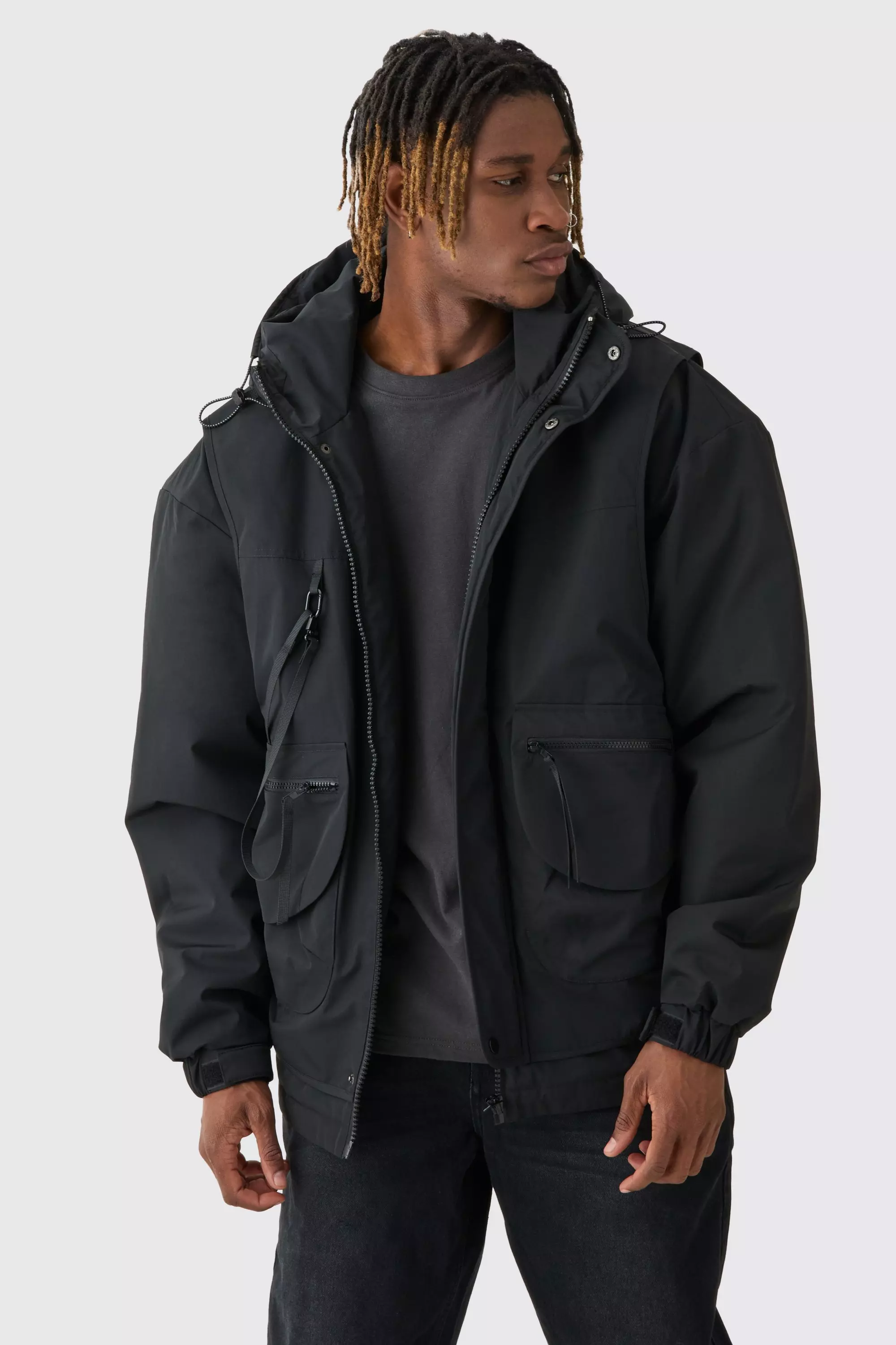 Black Tall Hooded Utility Tech Parka Jacket In Black