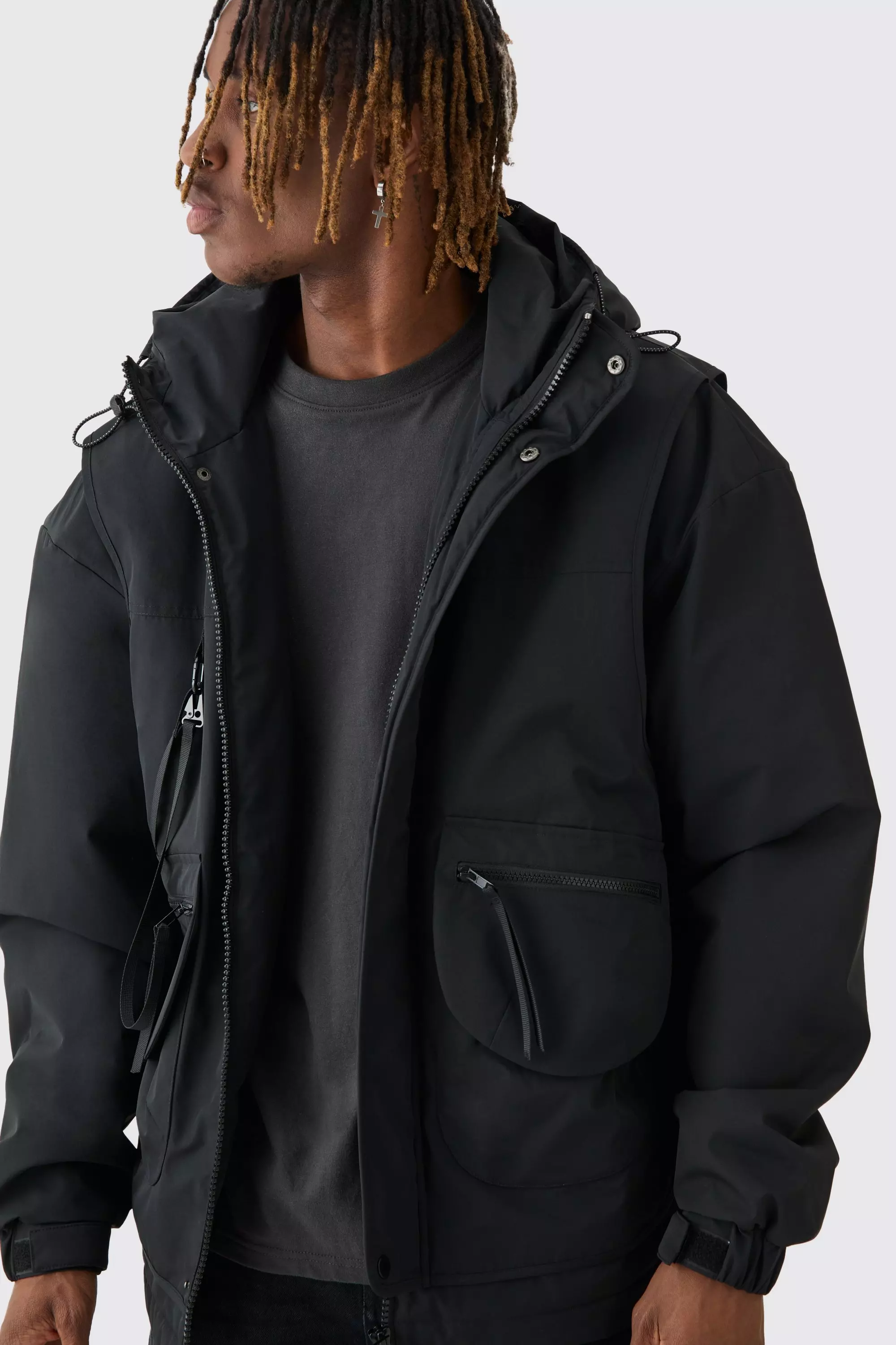 Fashion black hooded utility jacket