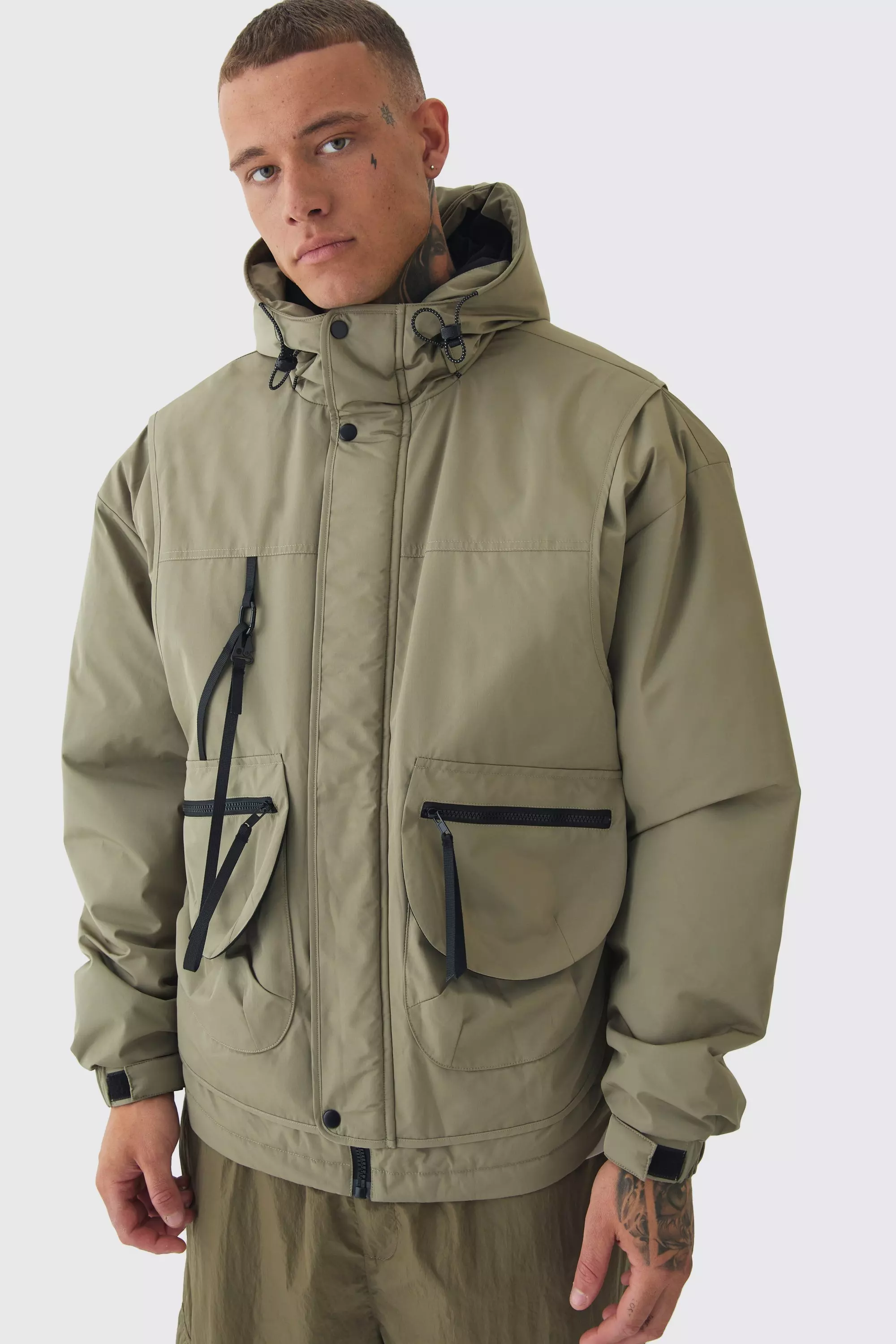 Tall Hooded Utility Tech Parka Jacket In Khaki Khaki