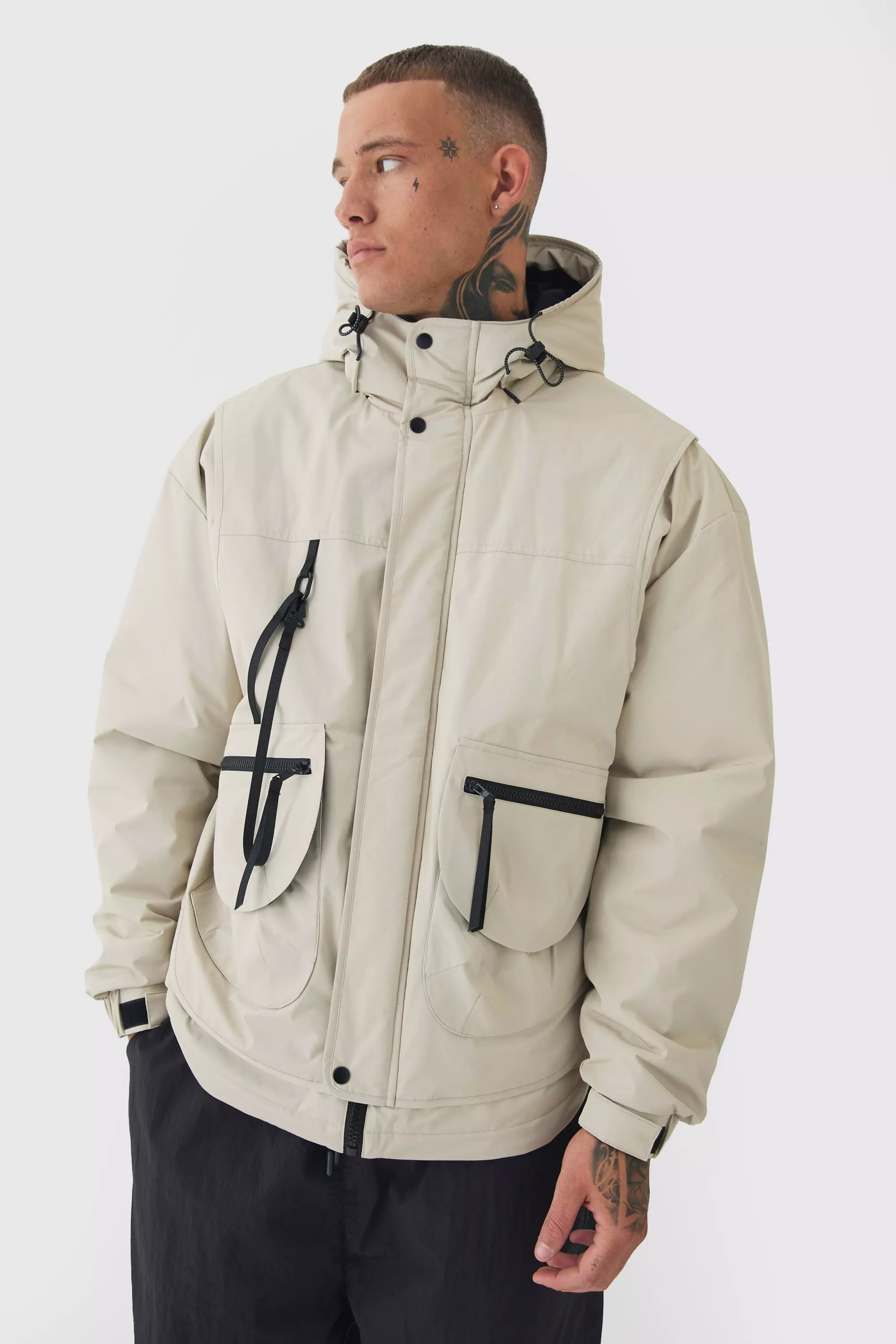 Tall Hooded Utility Tech Parka Jacket In Stone Stone