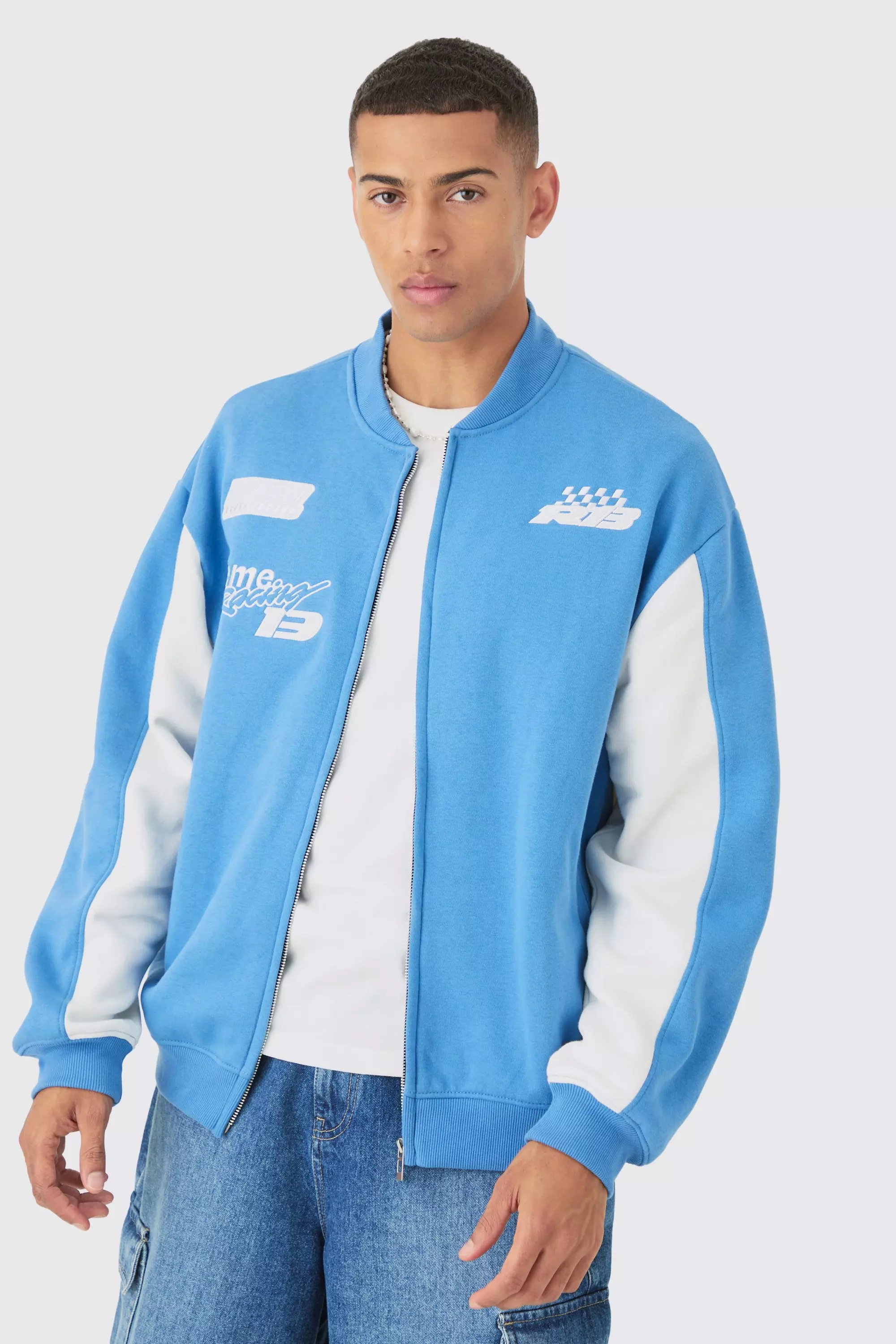 Oversized Moto Sport Applique Jersey Bomber Jacket Blue