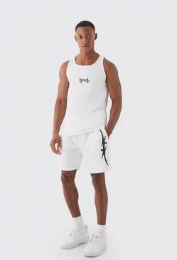 Muscle Fit Graphic Official Vest & Shorts Set White