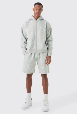 Oversized Boxy Man All Over Print Zip Hoodie Short Tracksuit Grey marl