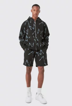 Black Oversized Boxy Man All Over Print Zip Hoodie Short Tracksuit