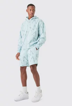 Blue Oversized Boxy Man All Over Print Zip Hoodie Short Tracksuit