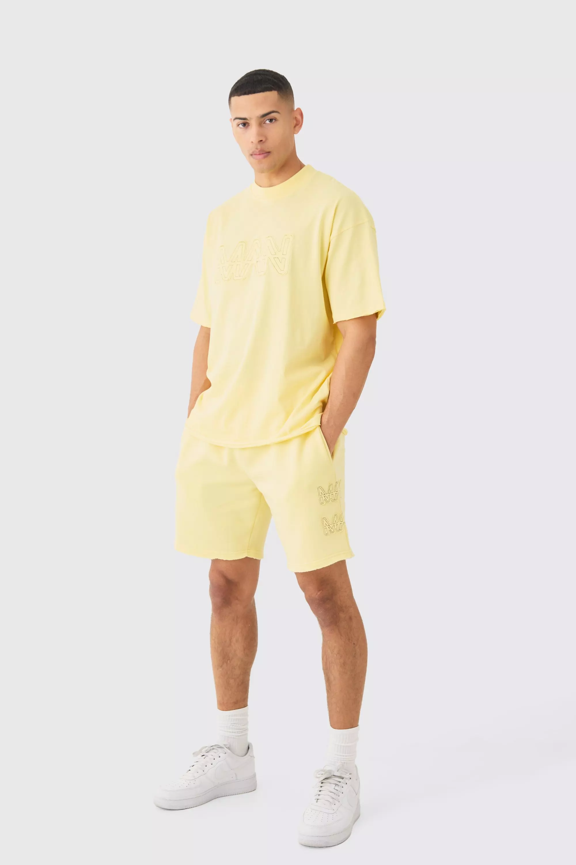 Yellow Boxy Man Zip Through Distressed Hooded Short Tracksuit