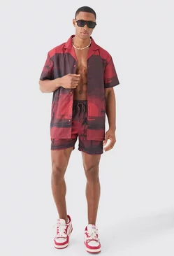 Oversized Palm Shirt & Swim Short Set Red