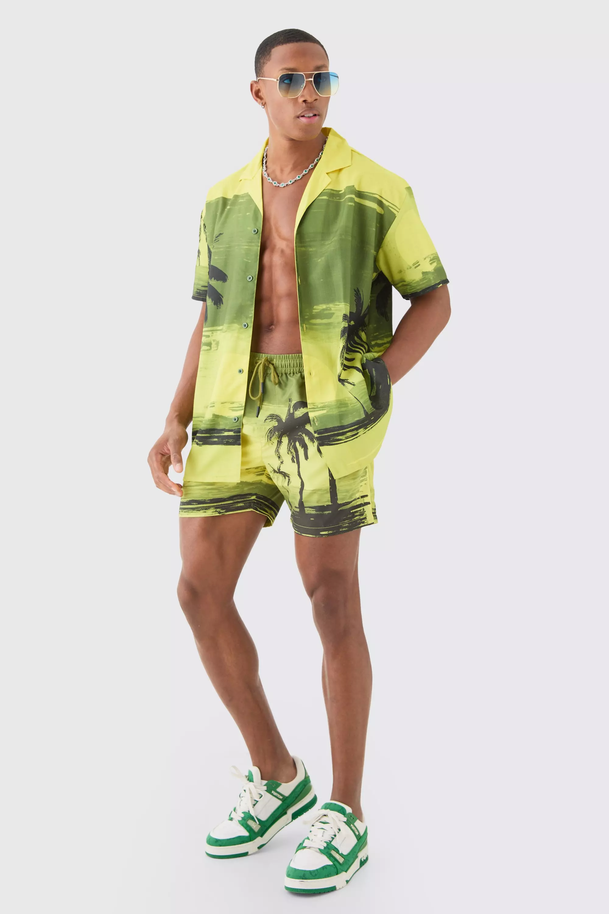 Yellow Oversized Palm Shirt & Swim Trunks Set