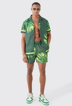 Regular Leaf Shirt & Swim Short Set Green