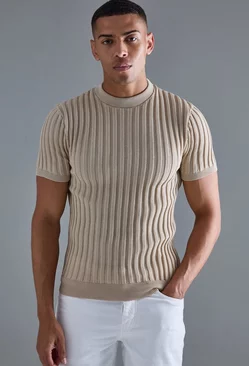 Muscle Fit Ribbed Knit T-shirt Stone