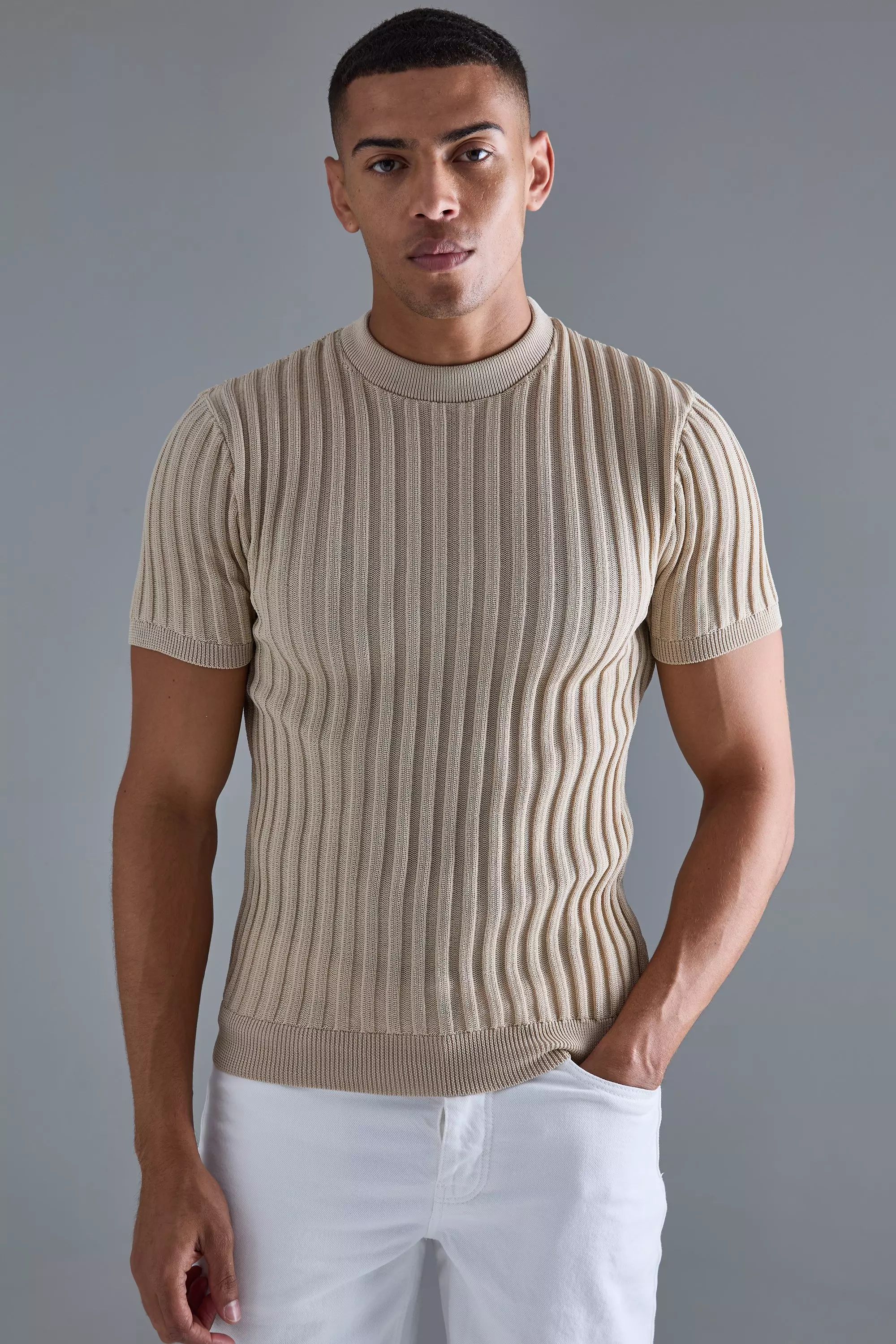 Stone Beige Muscle Fit Ribbed Knit T-shirt