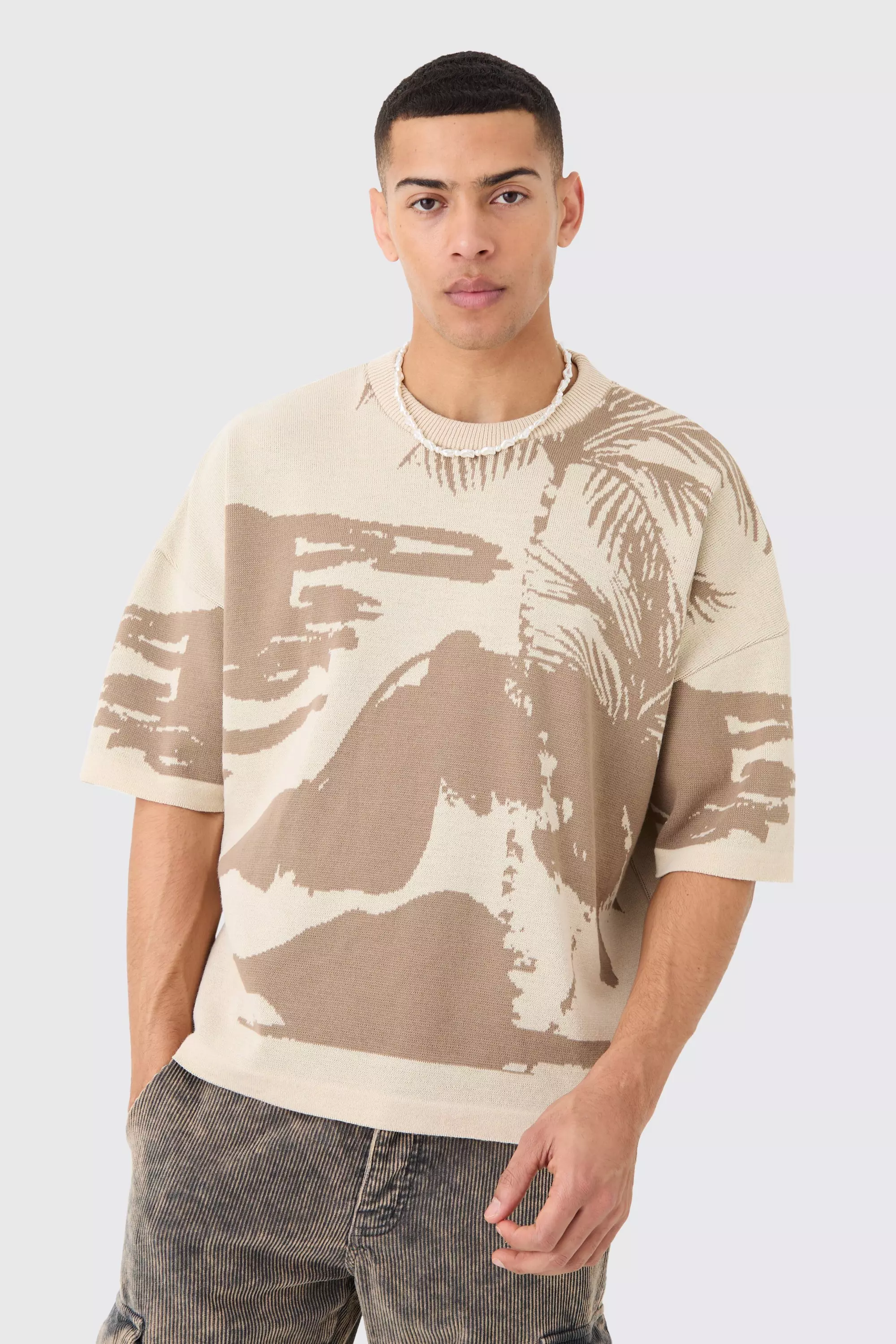 Stone Oversized Tonal Scenic Drawing Knitted T-shirt alternative image