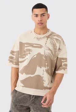 Oversized Tonal Scenic Drawing Knitted T-shirt Stone