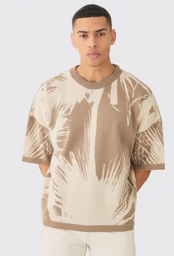 Oversized Tonal Abstract Drawing Knitted T-shirt Taupe