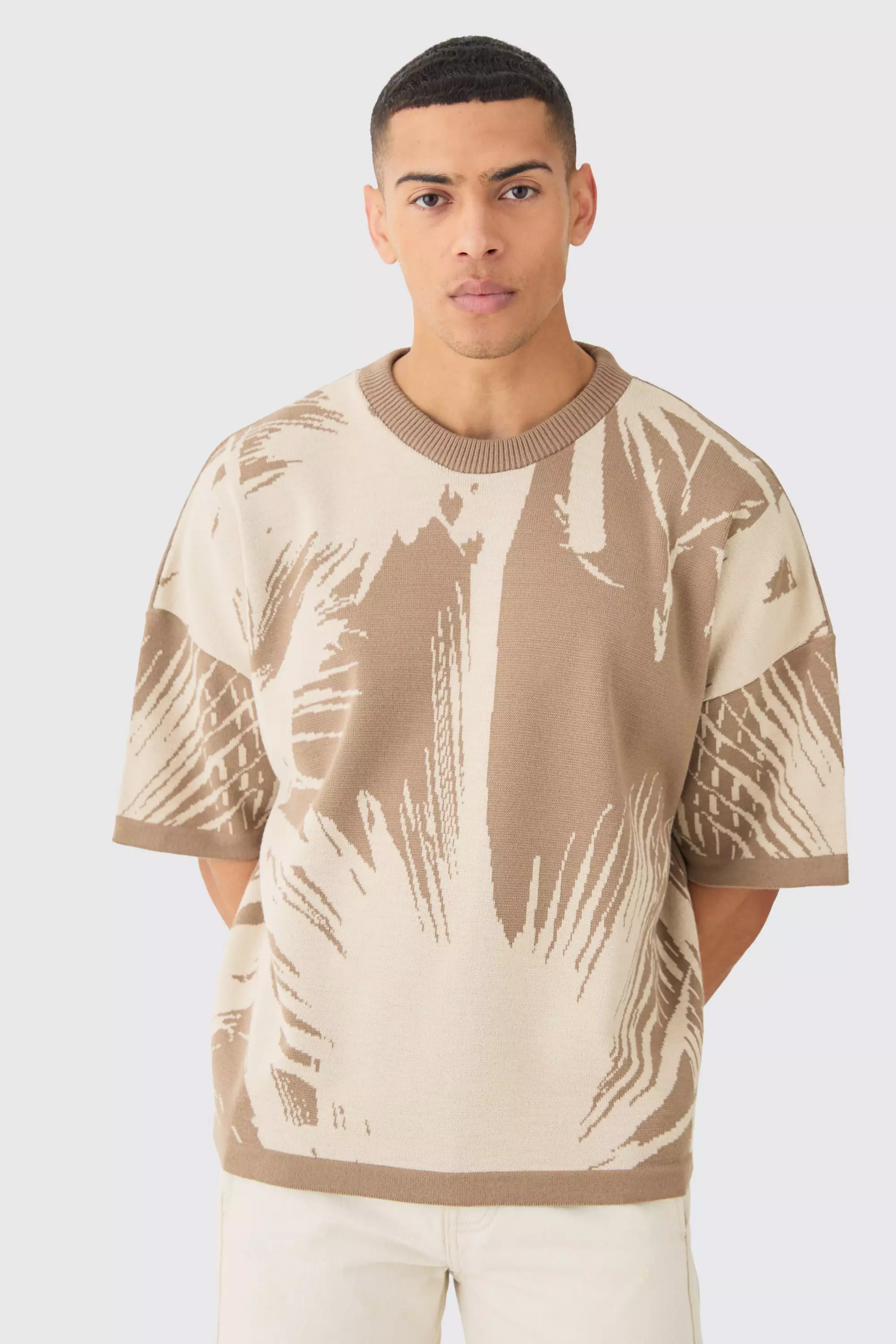 Taupe Beige Oversized Tonal Abstract Drawing Knitted T-shirt