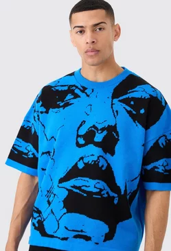 Oversized Line Drawing Knitted T-shirt Cobalt